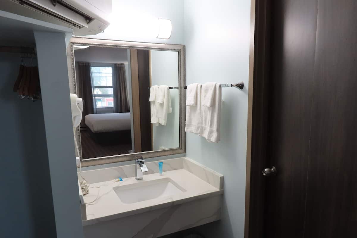 Combined shower/tub, free toiletries, hair dryer, towels