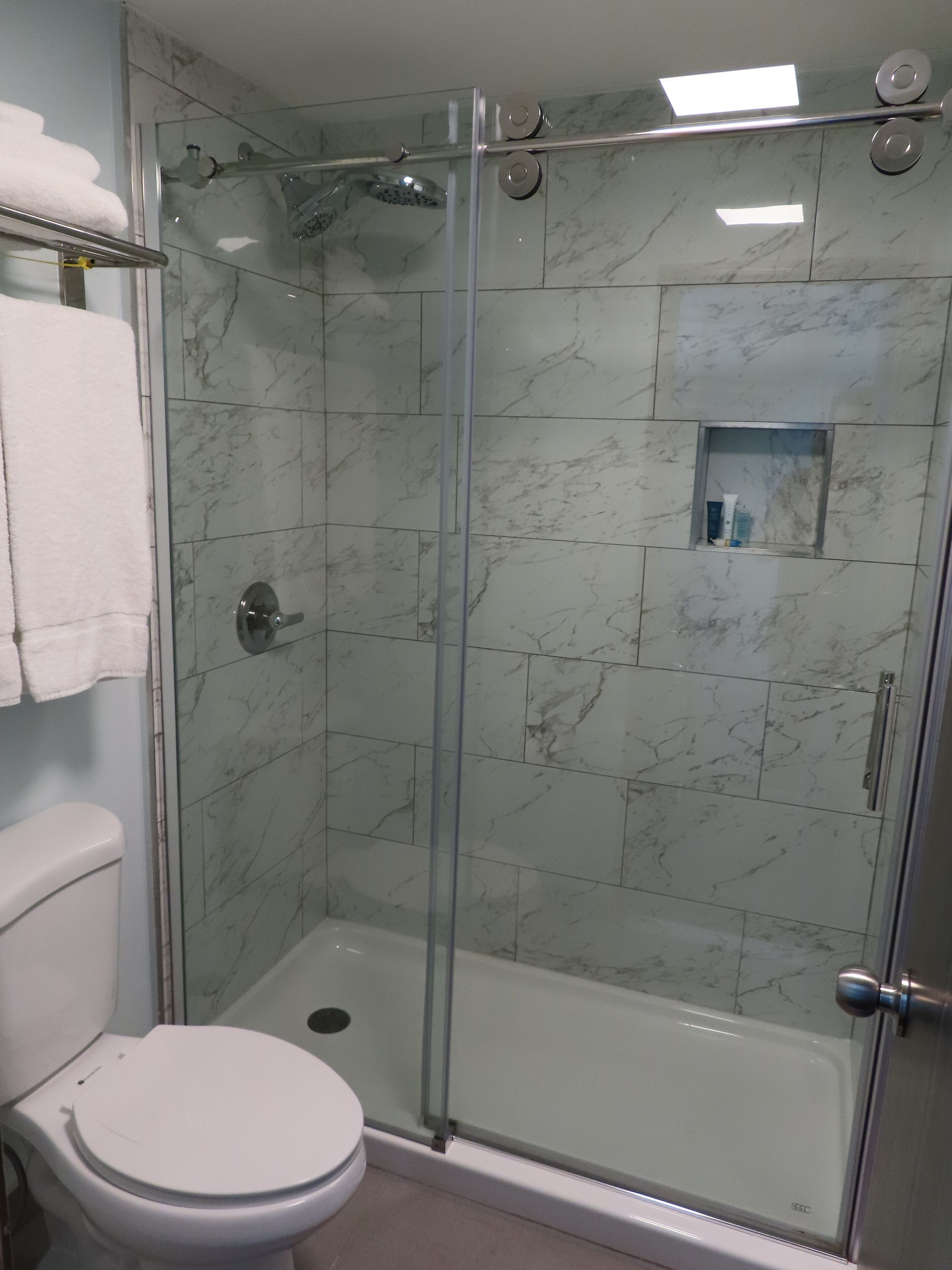 A glass-enclosed shower stall with a white toilet and a towel rack.