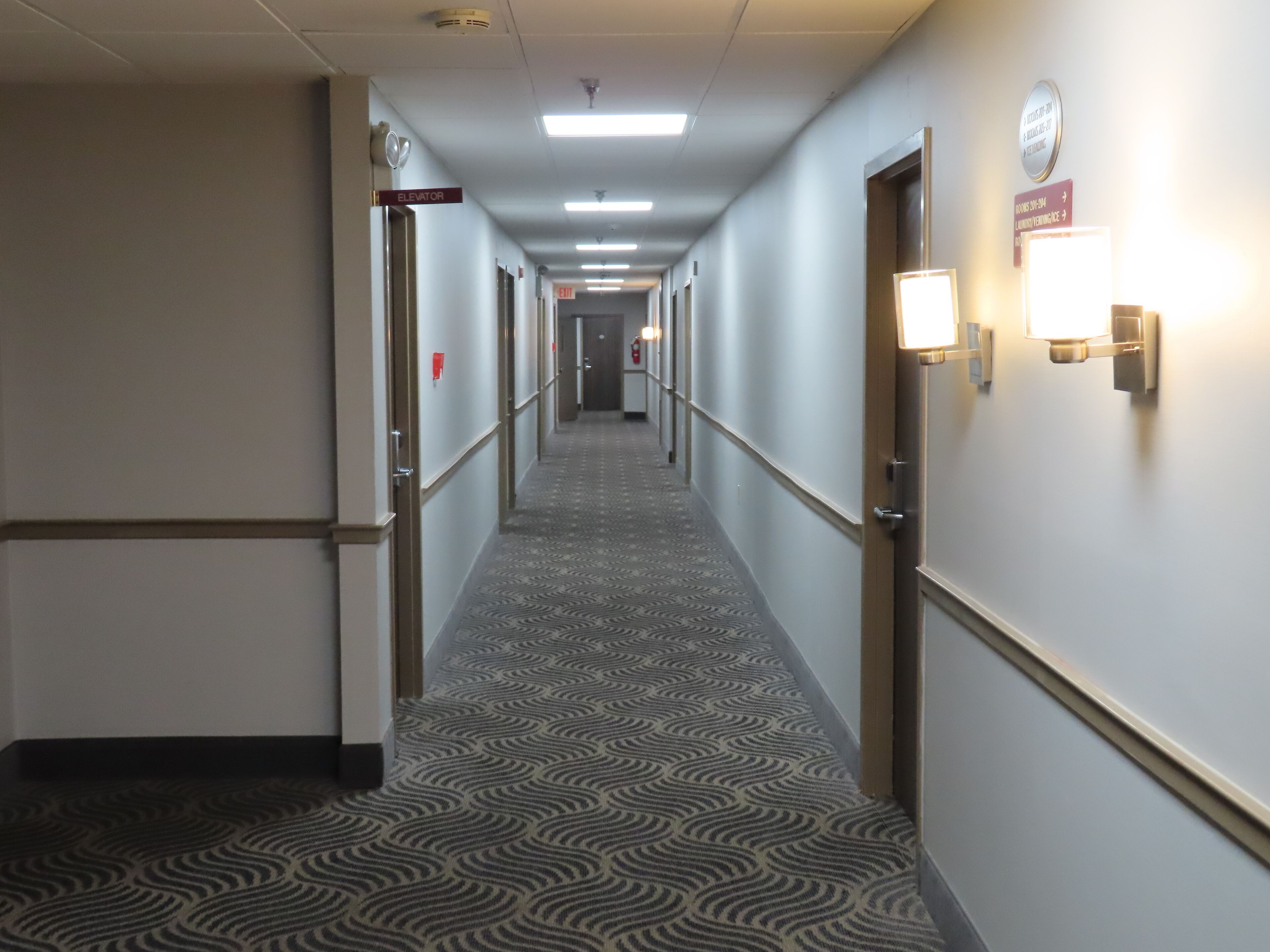 A hotel hallway with patterned carpet, doors, and wall-mounted light fixtures.