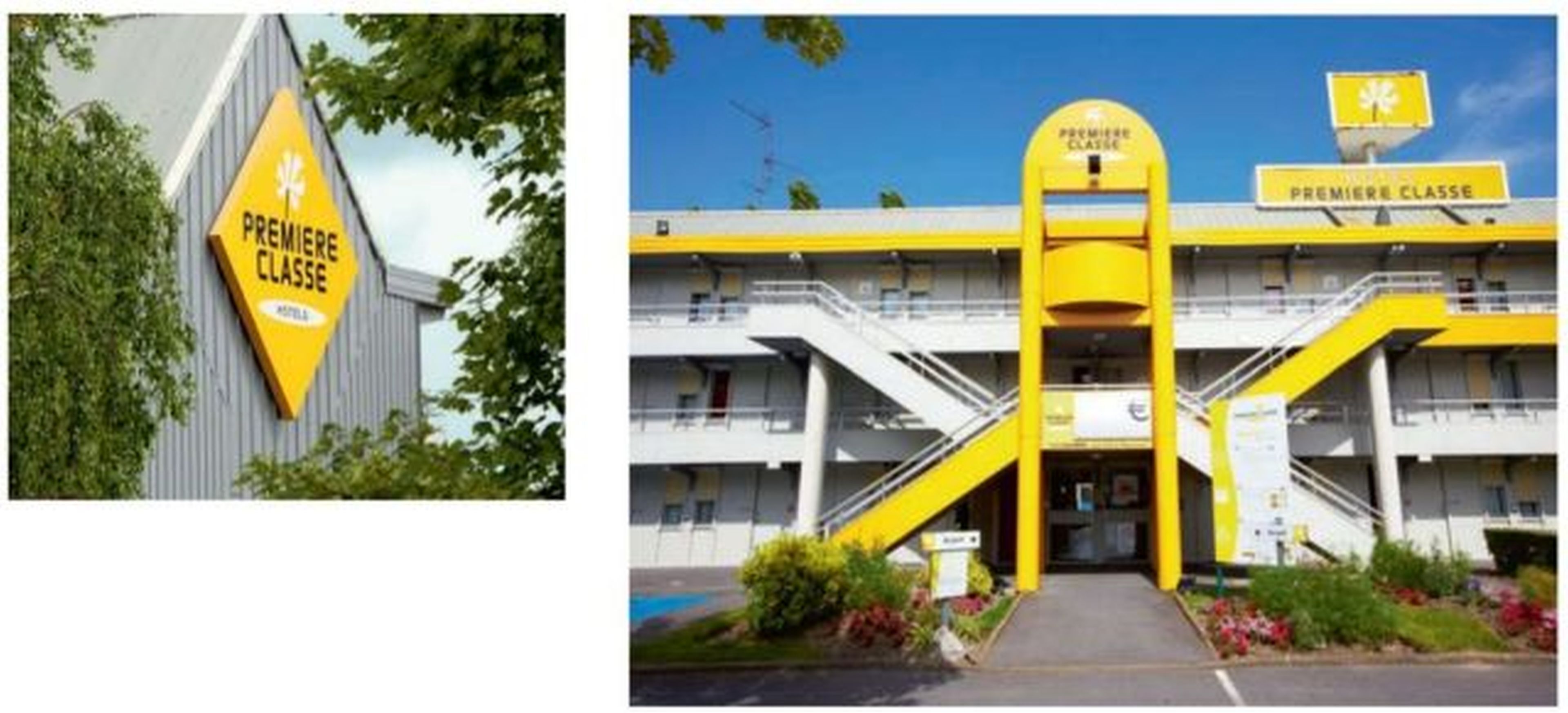A building with a prominent yellow sign reading "PREMIERE CLASSE" and a staircase leading to the entrance.