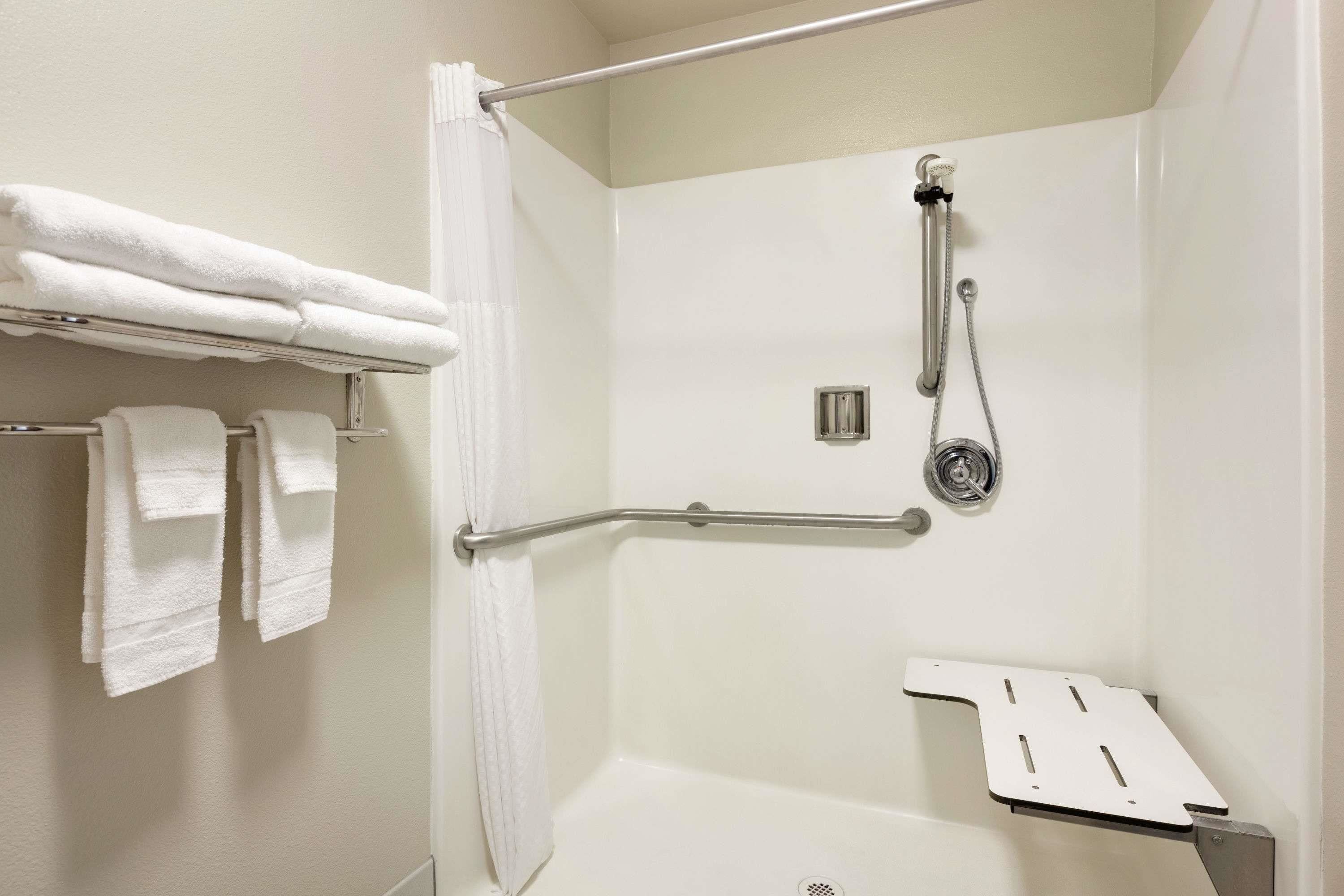 room, 1 king bed, accessible, non smoking (mobility/hearing/roll in shower) | bathroom | combined shower/bathtub, hair dryer, towels