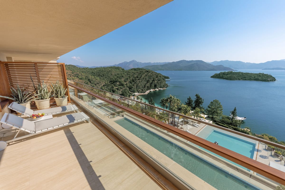A balcony with a pool, lounge chairs, and potted plants.