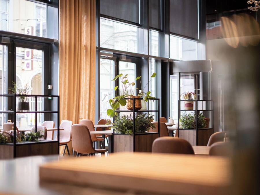 Un café moderno con amplios ventanales, mobiliario de madera y plantas en macetas.