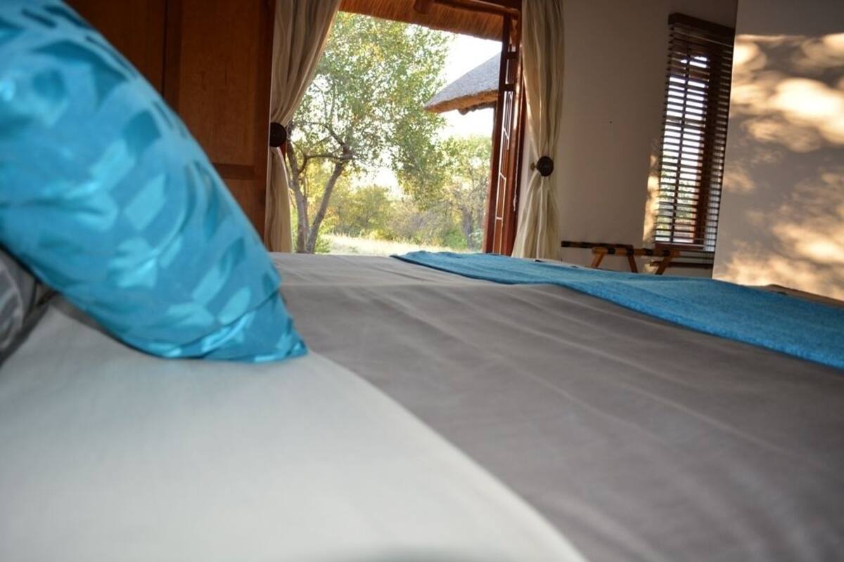 A bed with a blue pillow, a wooden headboard, and a view of trees through an open window.