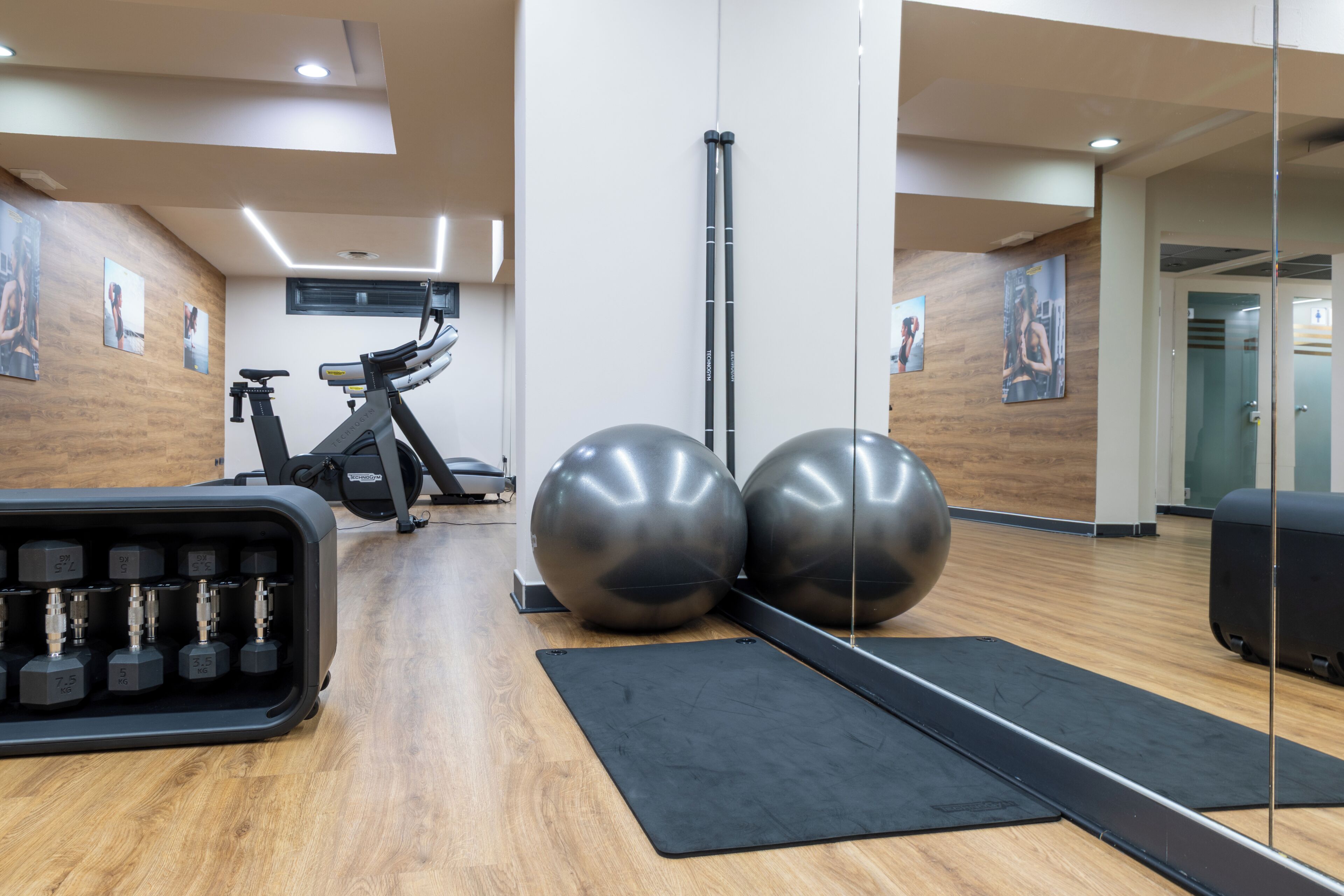 Gimnasio con equipo de ejercicio, incluyendo mancuernas, una elíptica y pelotas de ejercicio grandes.