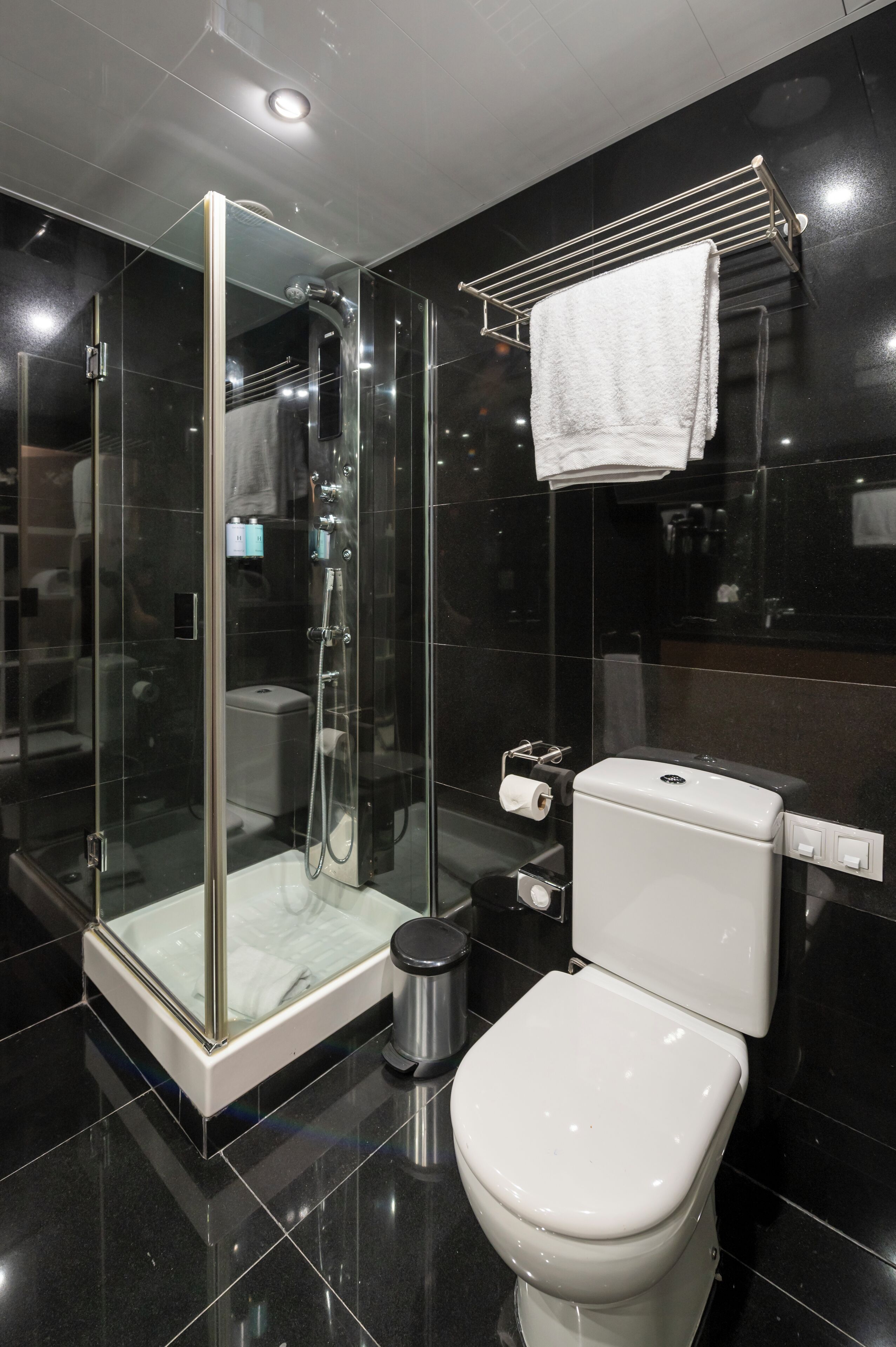 Un baño moderno con cabina de ducha de vidrio, inodoro blanco y toallero.