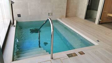 Una piscina con una escalera metálica, paredes de azulejos y una zona de terraza de madera.