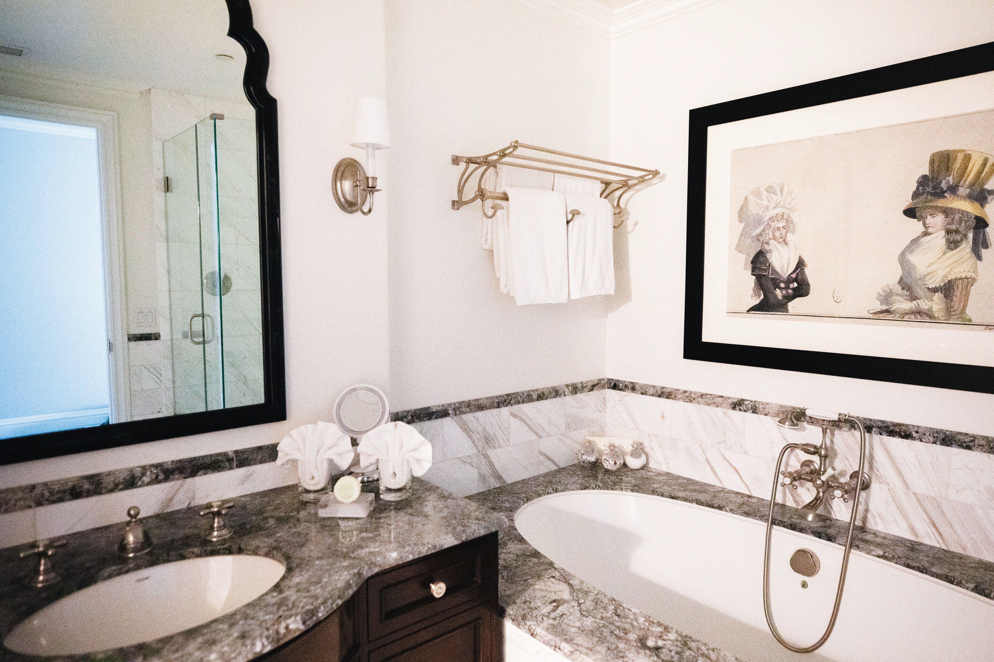 designer toiletries, hair dryer, bathrobes, slippers