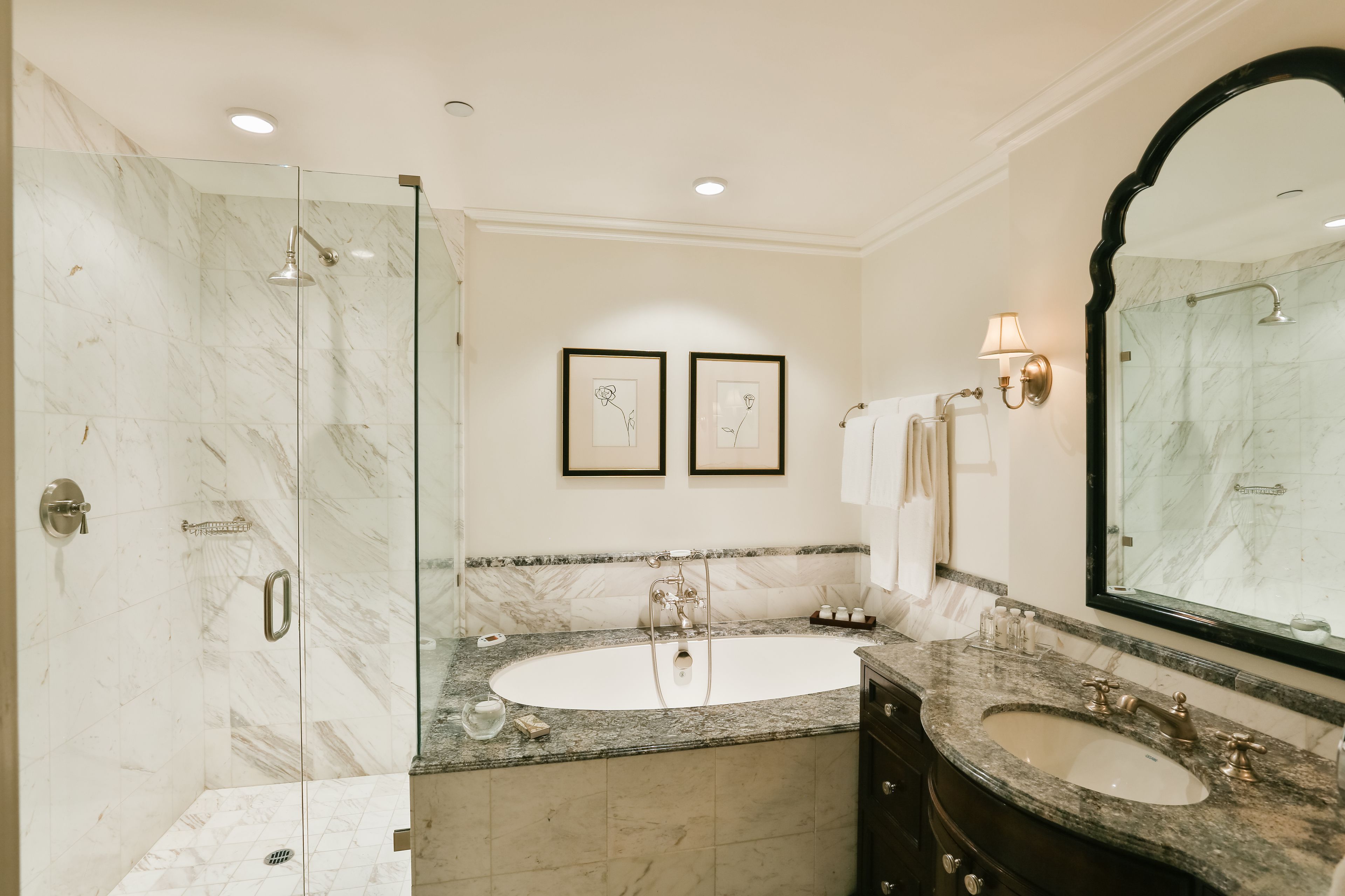 designer toiletries, hair dryer, bathrobes, slippers