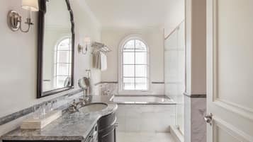 Luxury Room | Bathroom | Designer toiletries, hair dryer, bathrobes, slippers