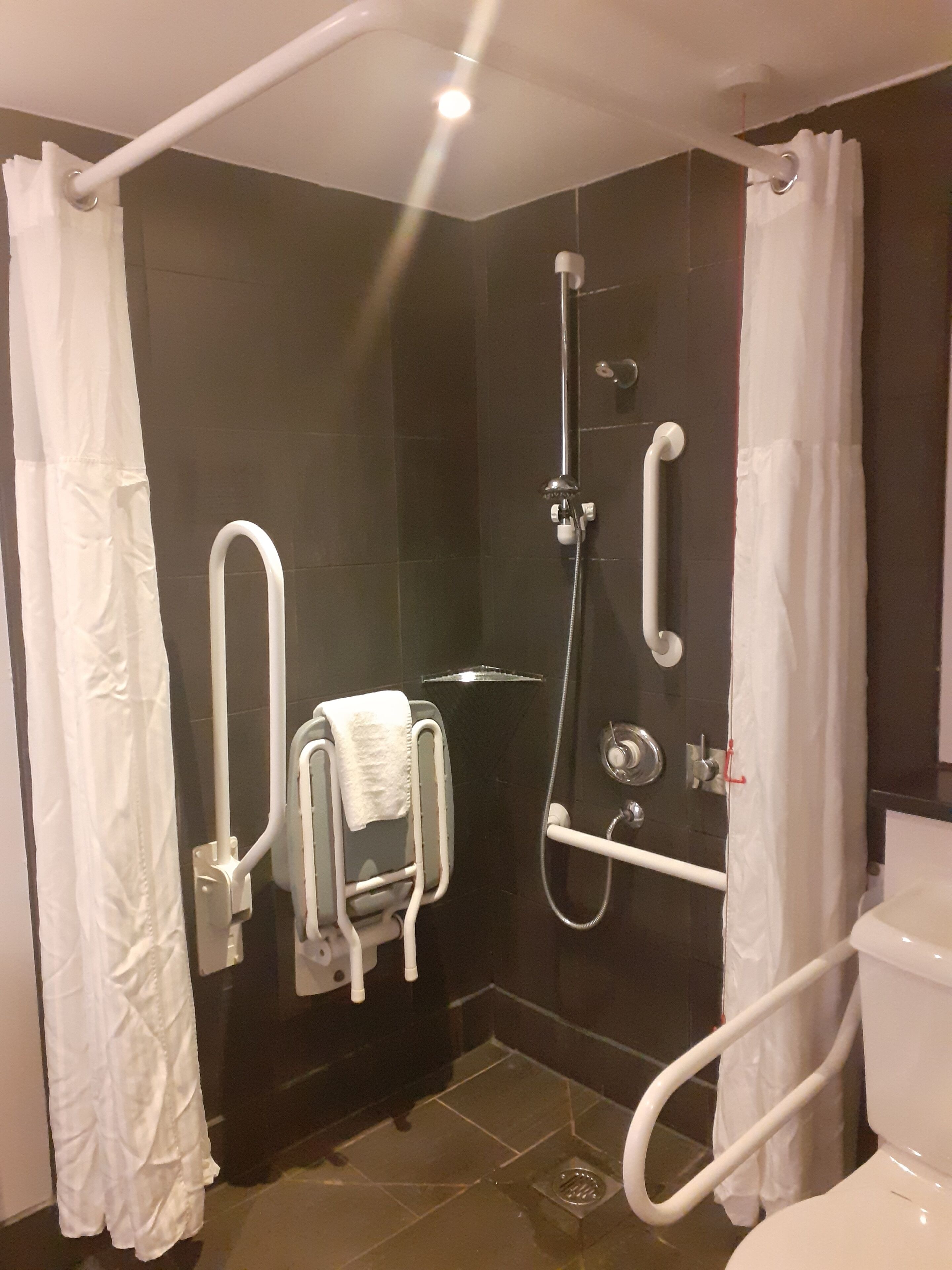 Un baño moderno con cabina de ducha, barras de apoyo, toallero y retrete.