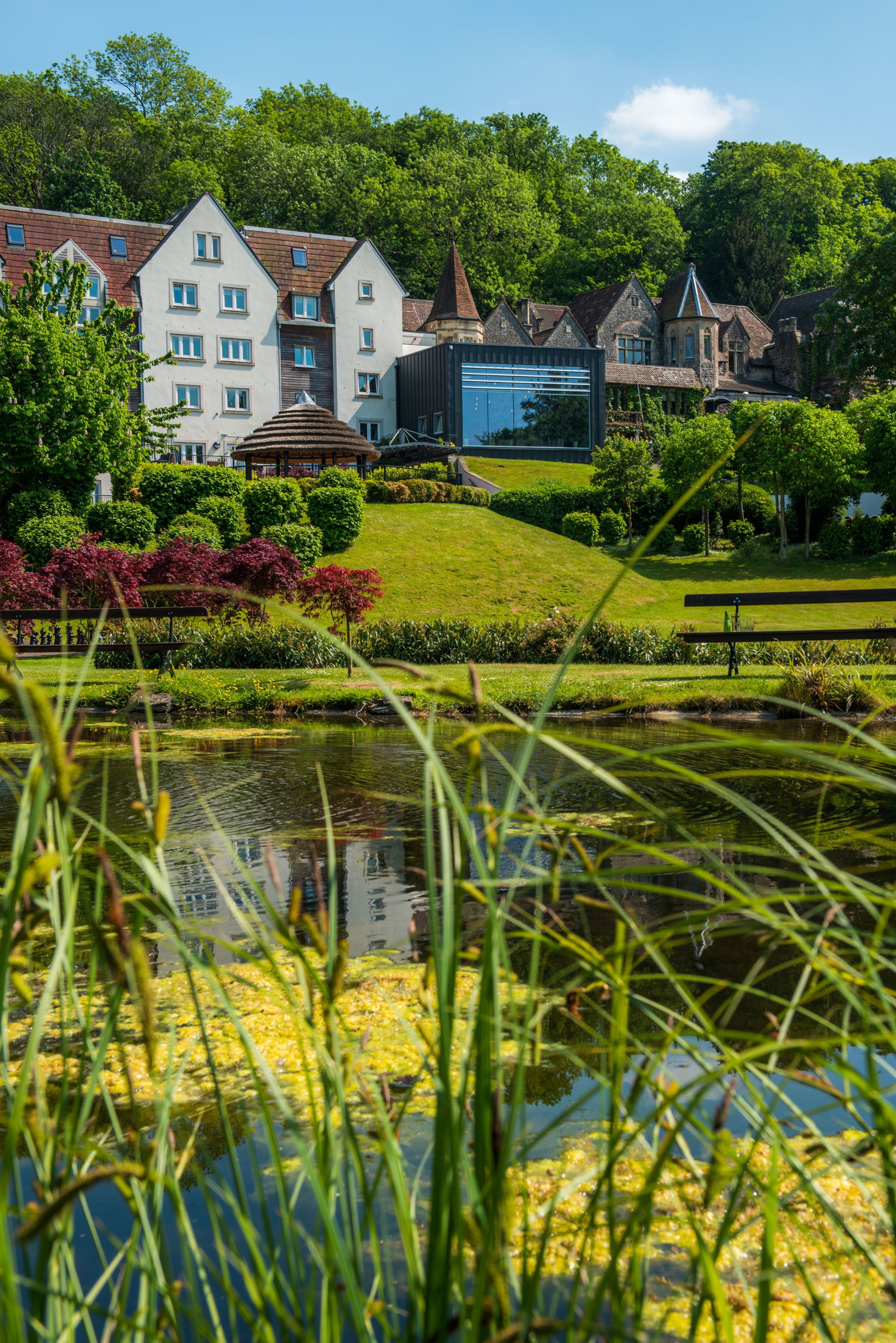 Un étang orné de nénuphars et bordé d’herbe au premier plan, entouré d’un jardin bien entretenu où poussent diverses plantes et où se trouve un banc. Au fond, on aperçoit plusieurs bâtiments de styles architecturaux différents, dont une structure moderne en verre.
