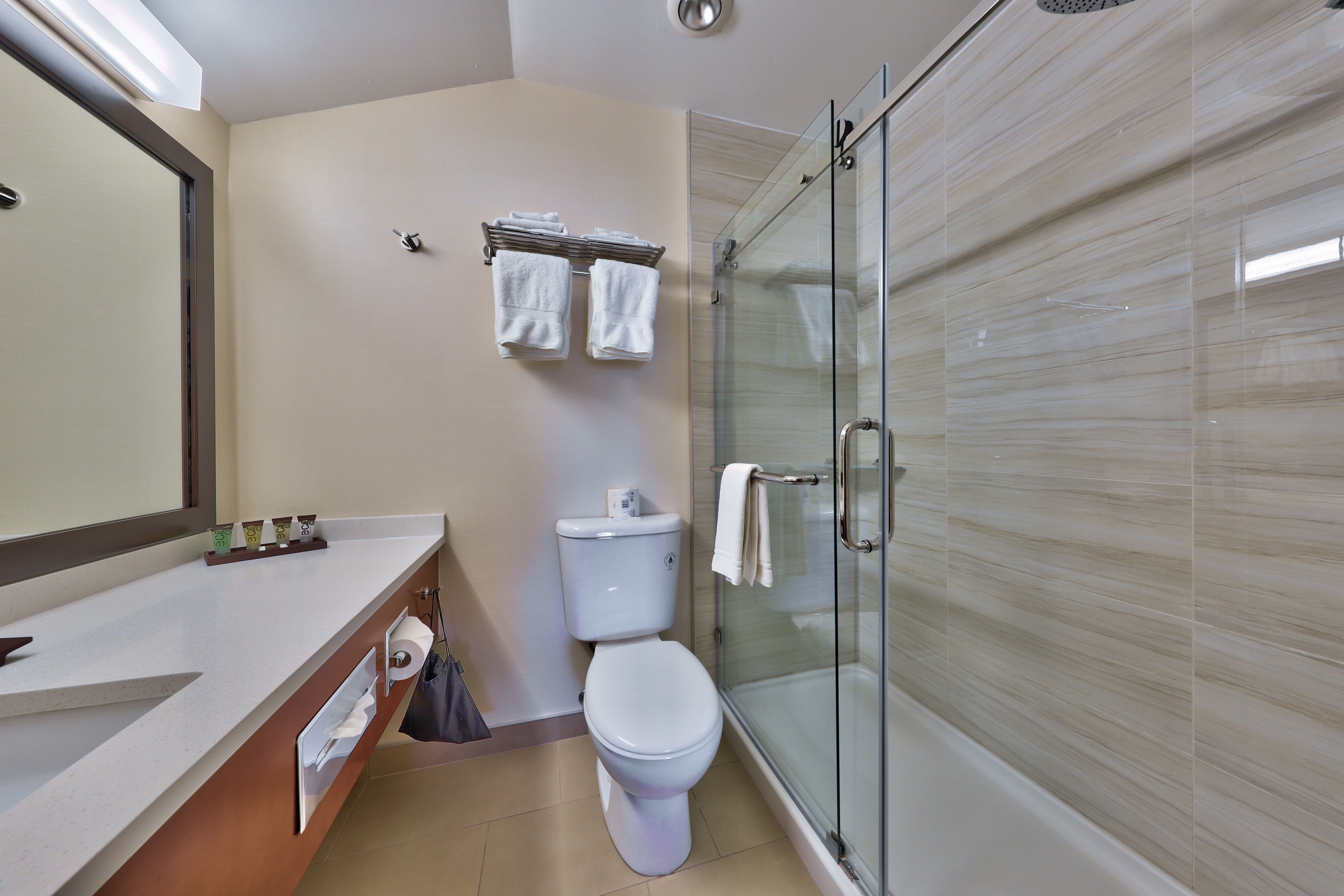 Een moderne badkamer met een glazen douchecabine, een wit toilet en een wastafel met spiegel en handdoekrek.