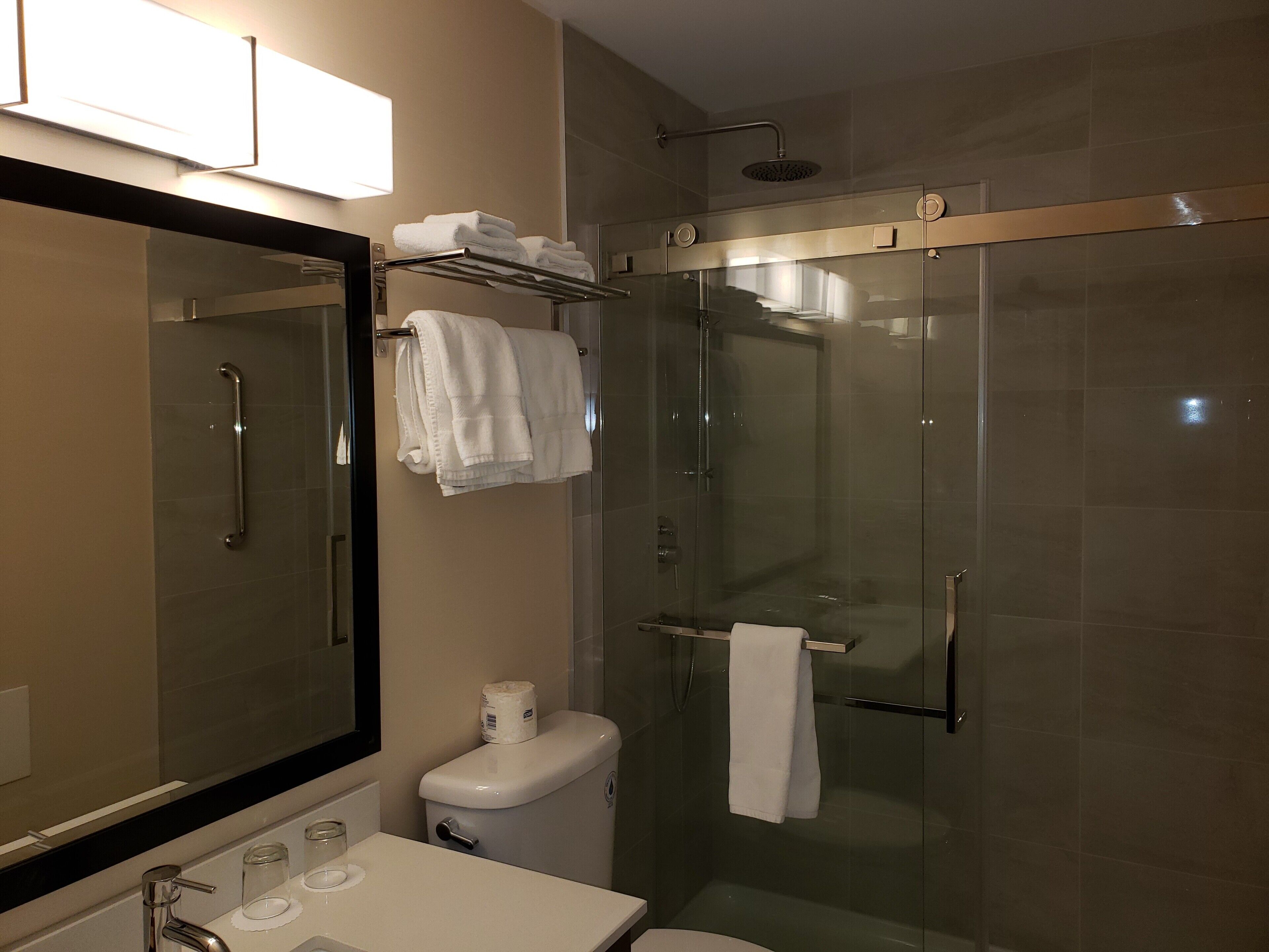 A modern bathroom with a glass-enclosed shower, a toilet, and a sink.