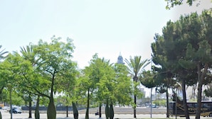 A park with neatly trimmed trees, a distant tower, and a bus in the background. - Yomo Hostal BCN Port (Barcelona)