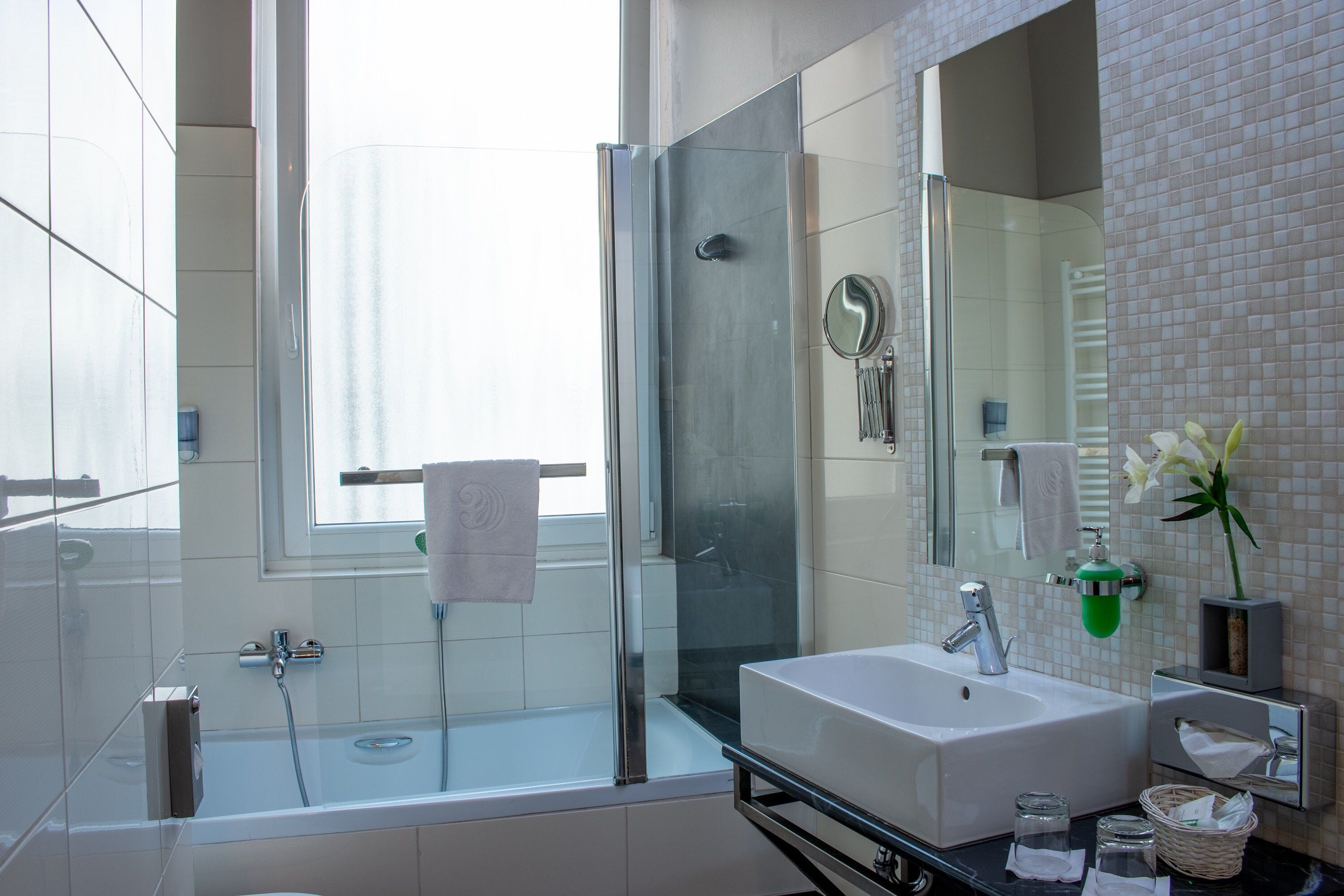 free toiletries, hair dryer, slippers, towels