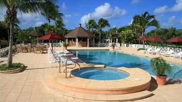 Outdoor pool, pool umbrellas, pool loungers
