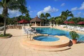 Outdoor pool, pool umbrellas, pool loungers