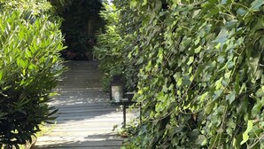 A wooden pathway flanked by dense green foliage, leading to a white building with a visible window. - SOFS Boutique Hotel (Aarhus)
