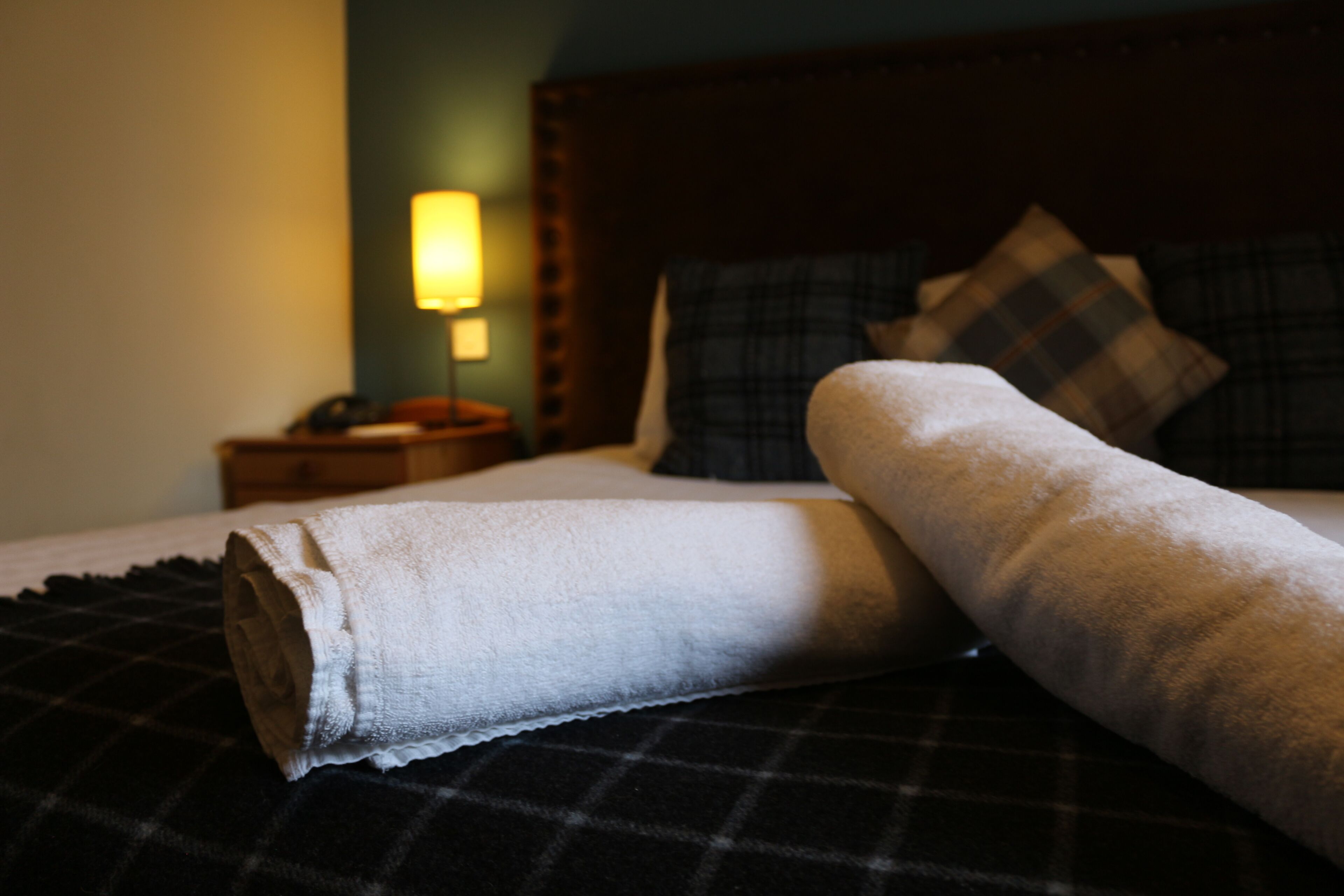 A neatly made bed with a plaid blanket and pillows, a bedside lamp, and a wooden headboard.
