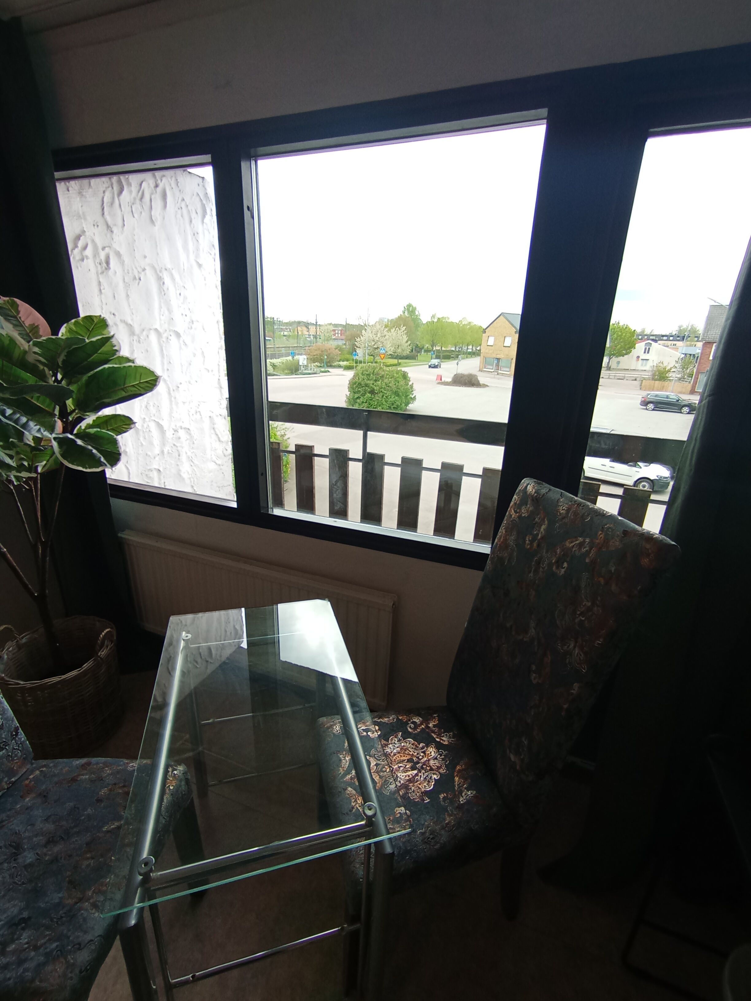 A room with a glass table and two patterned chairs, a potted plant, and a view of a street with cars and buildings.