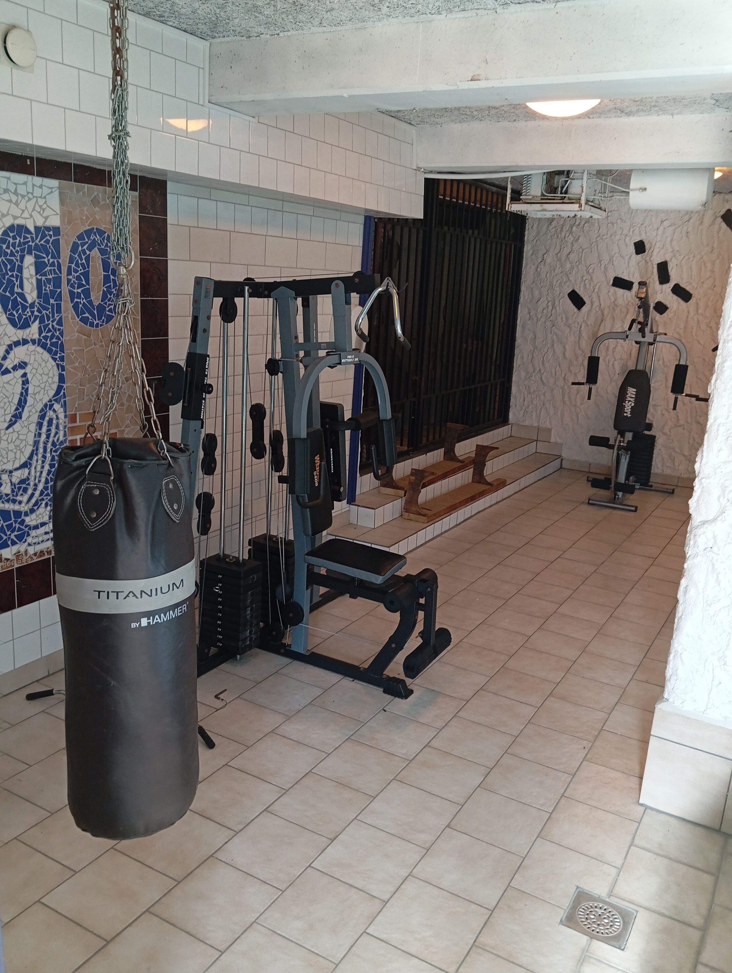 A gym with various exercise equipment, including a punching bag labeled "TITANIUM BY HAMMER".