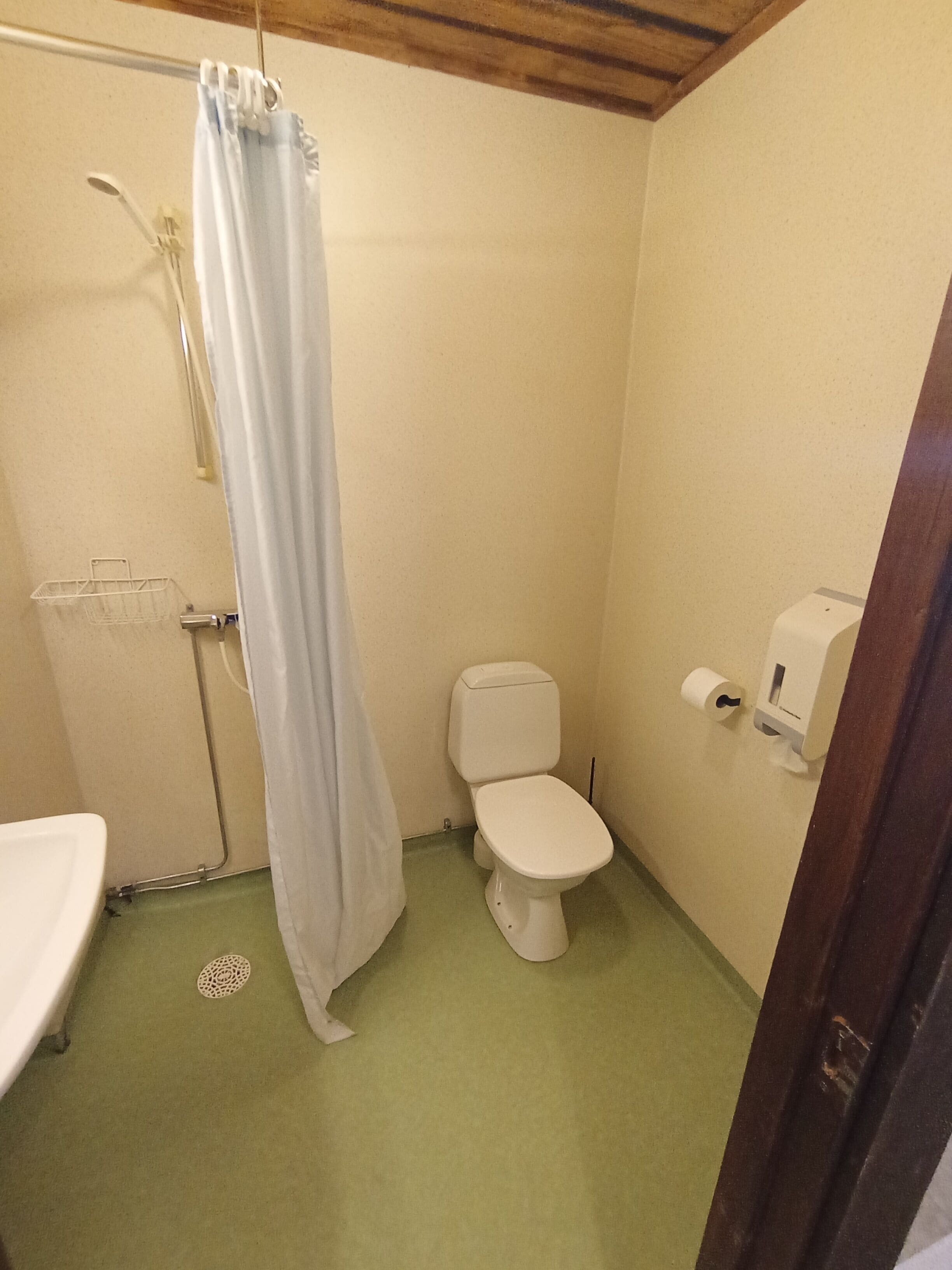 A small bathroom with a toilet, a shower curtain, a sink, and a toilet paper dispenser.