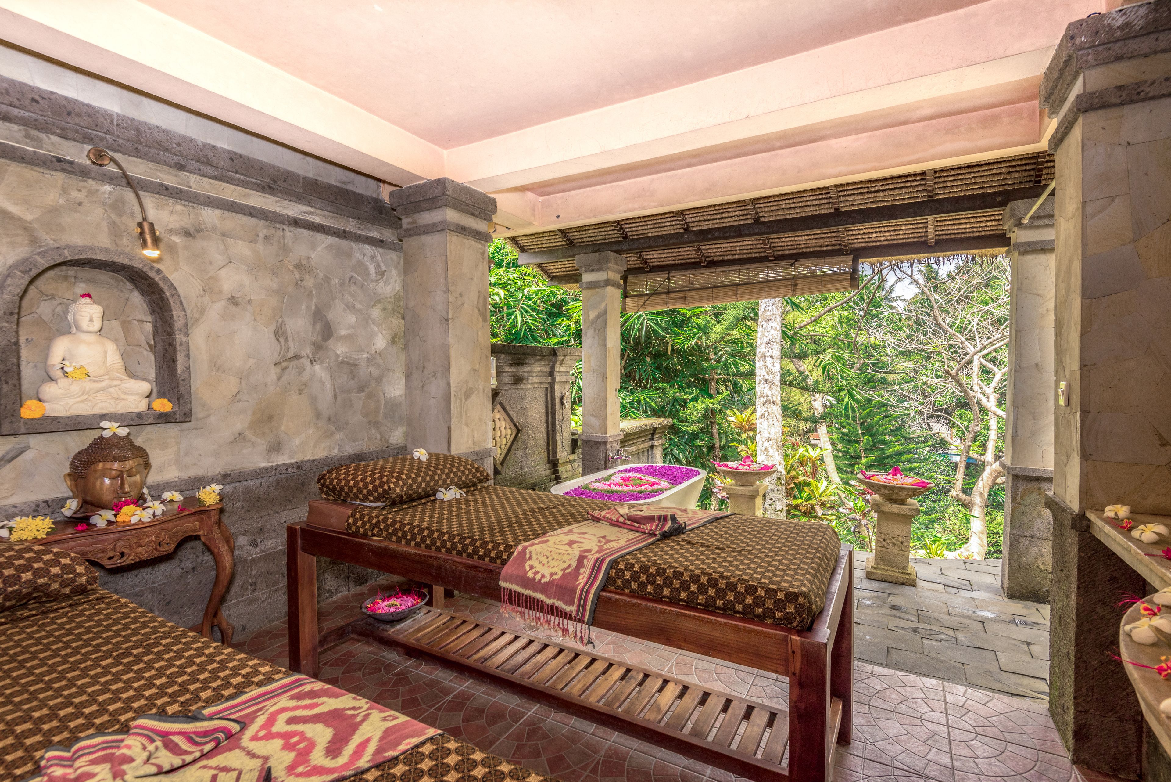 outdoor treatment area, deep-tissue massages, manicures and pedicures