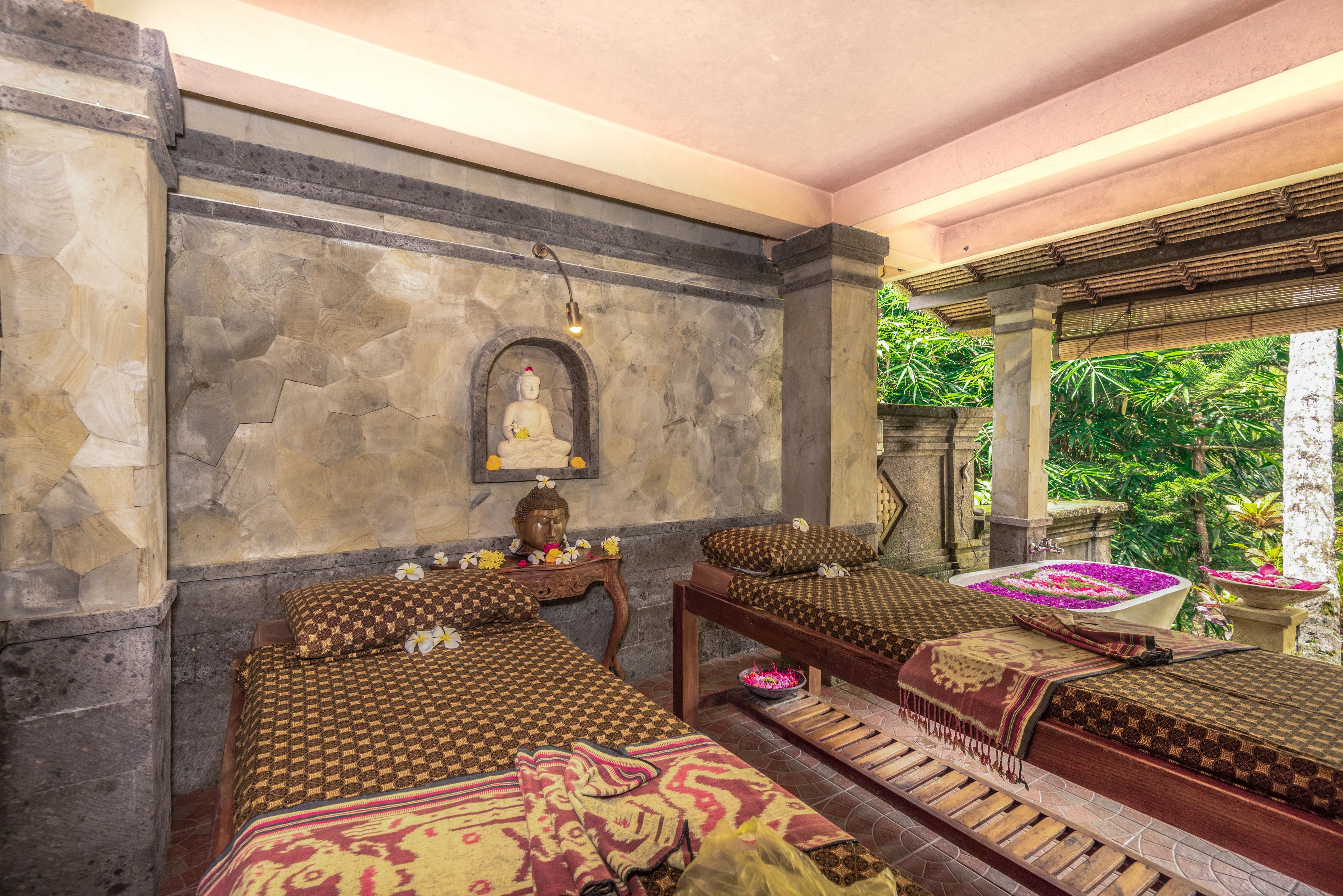 outdoor treatment area, deep-tissue massages, manicures and pedicures