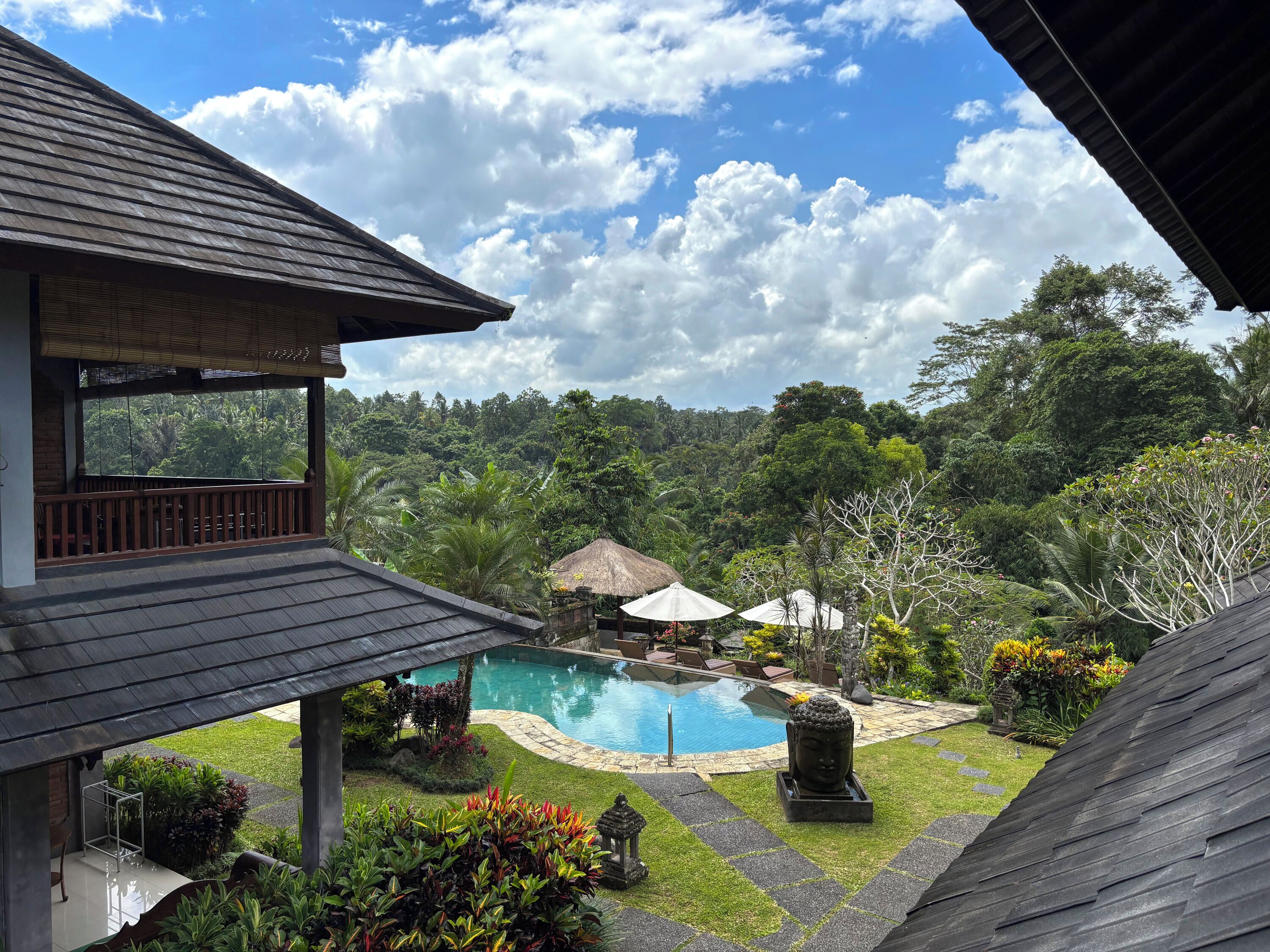 Outdoor pool, pool umbrellas, pool loungers
