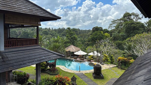 A pool area with a Buddha statue, surrounded by lush greenery and a clear sky. - Hotel Bunga Permai (Ubud)