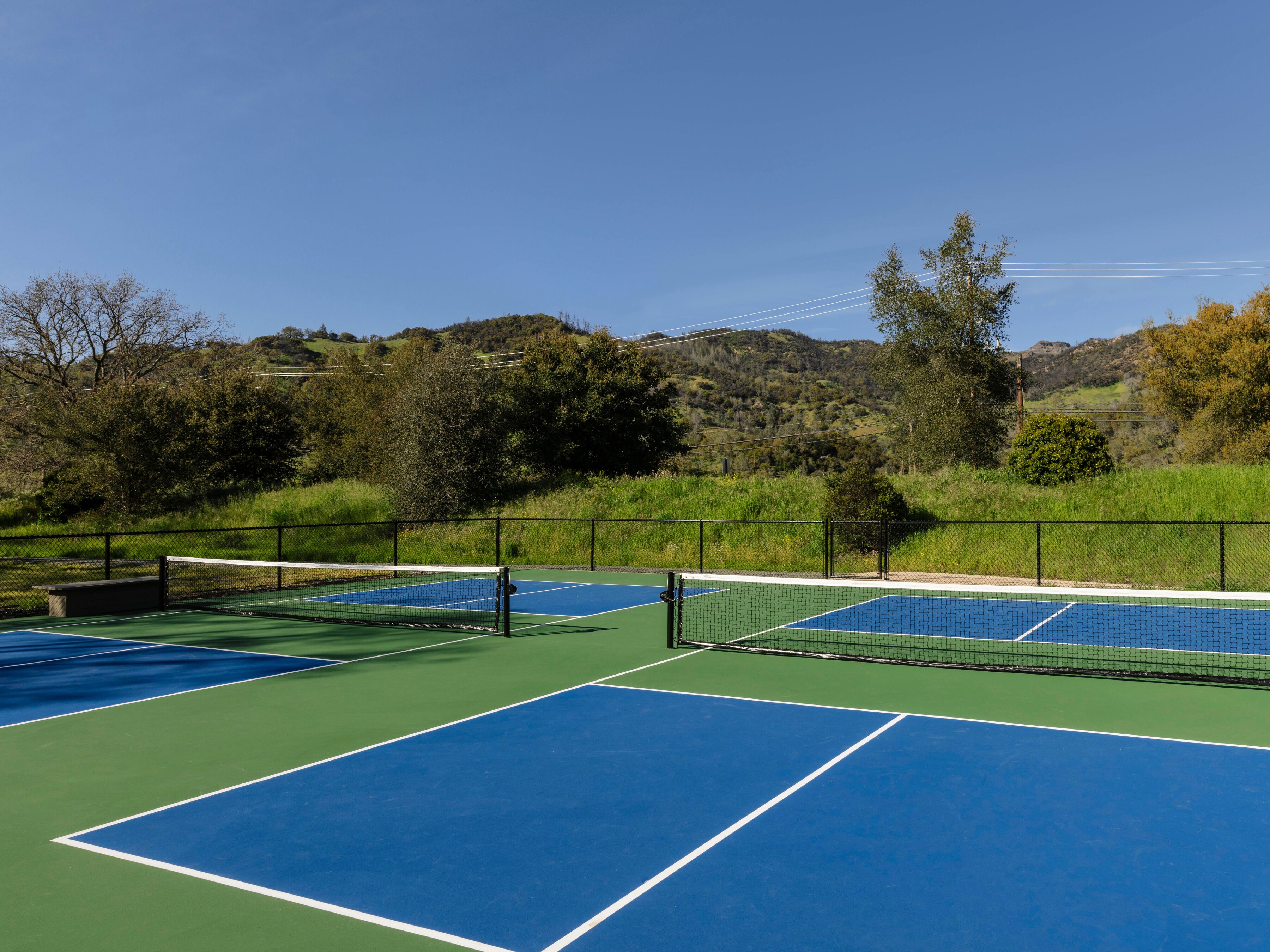 Un terrain de tennis avec un filet au centre, entouré d’une clôture et de verdure.