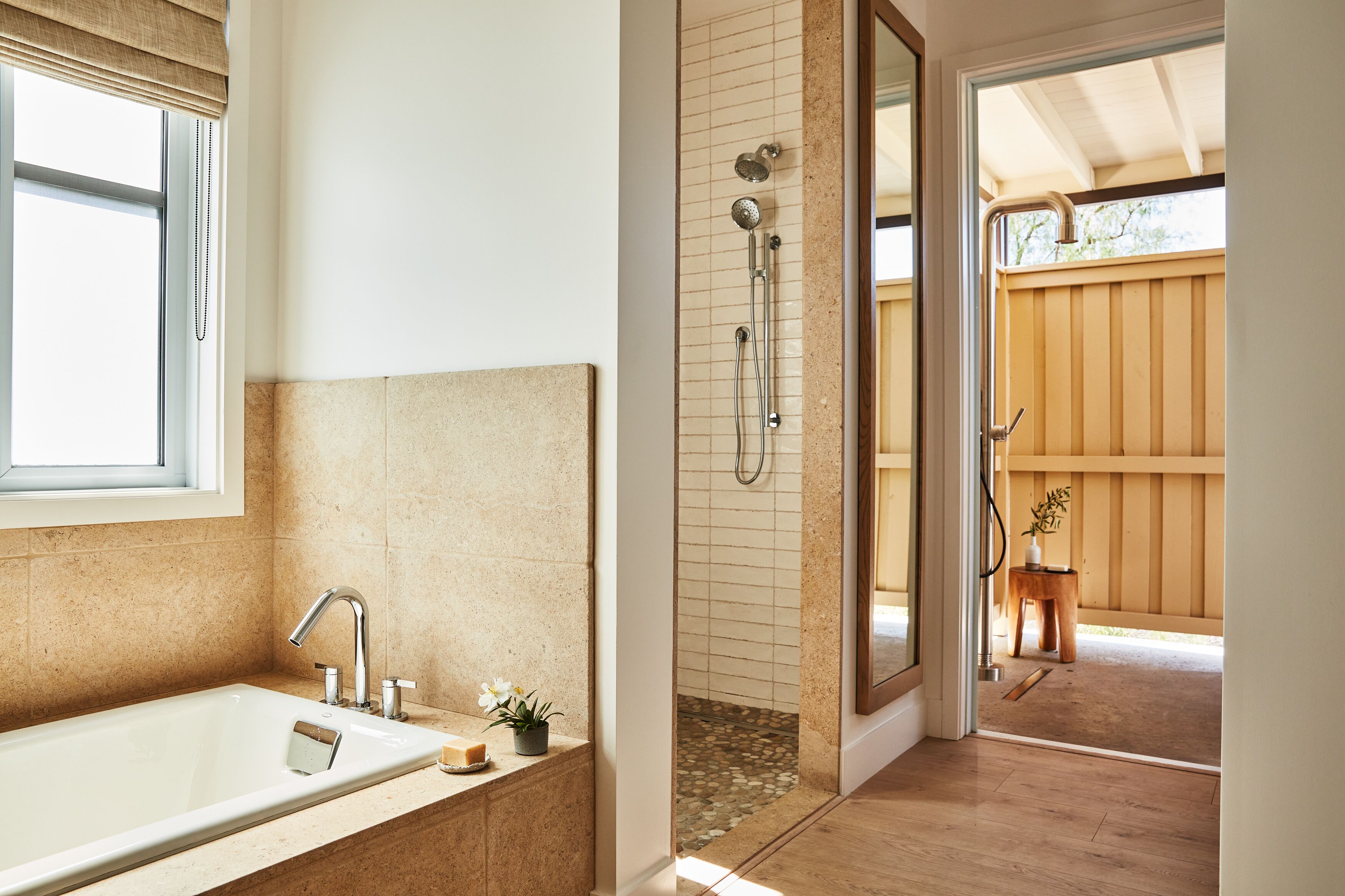 designer toiletries, hair dryer, bathrobes, slippers