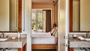 Designer toiletries, hair dryer, bathrobes, slippers
