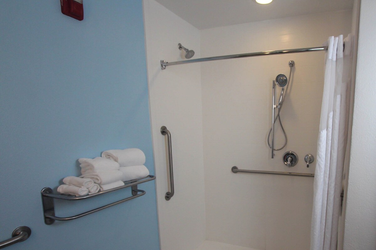 Une douche équipée d’une barre d’appui, d’un porte-serviettes et d’un pommeau de douche.