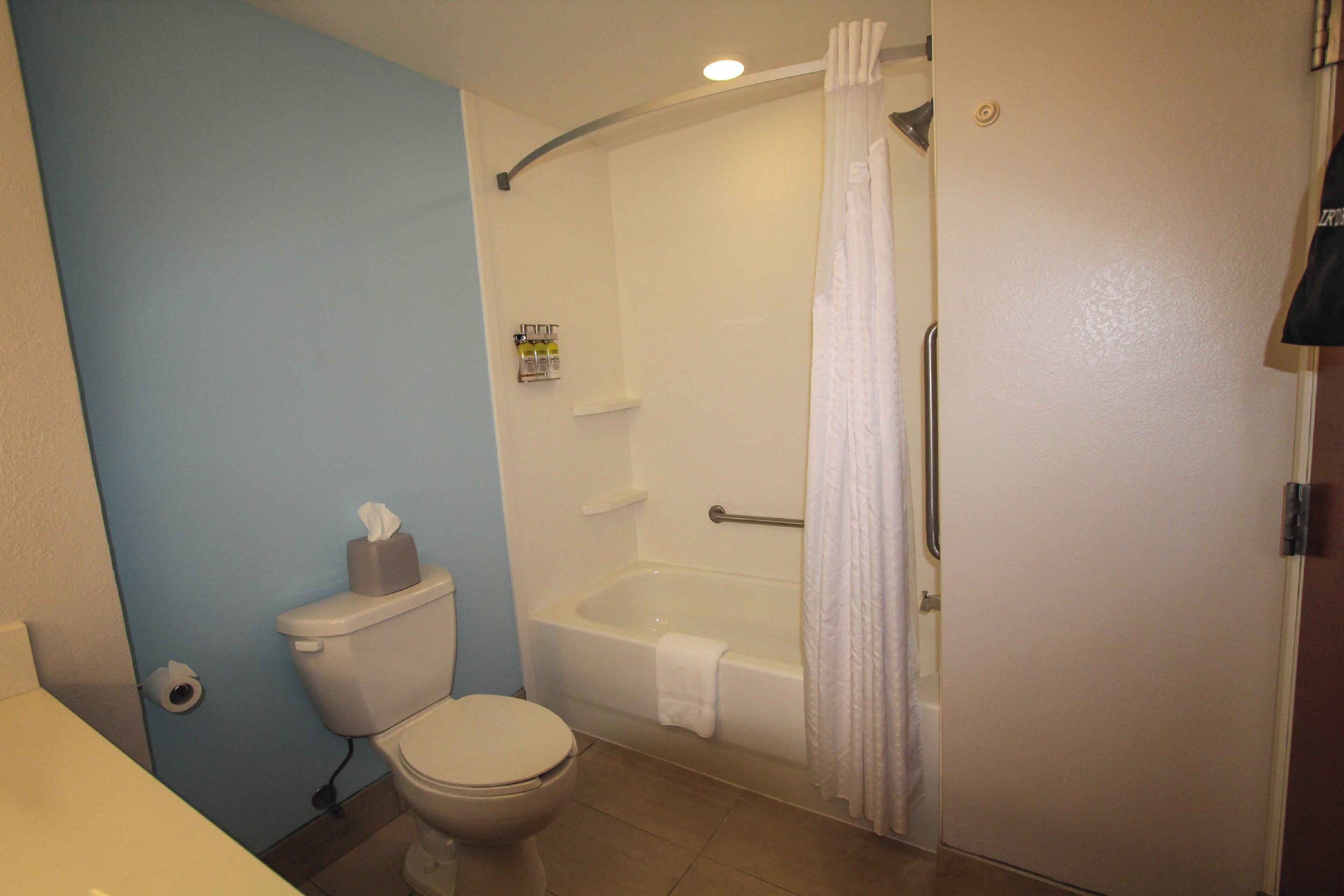 A bathroom with a toilet, a bathtub, and a shower curtain.