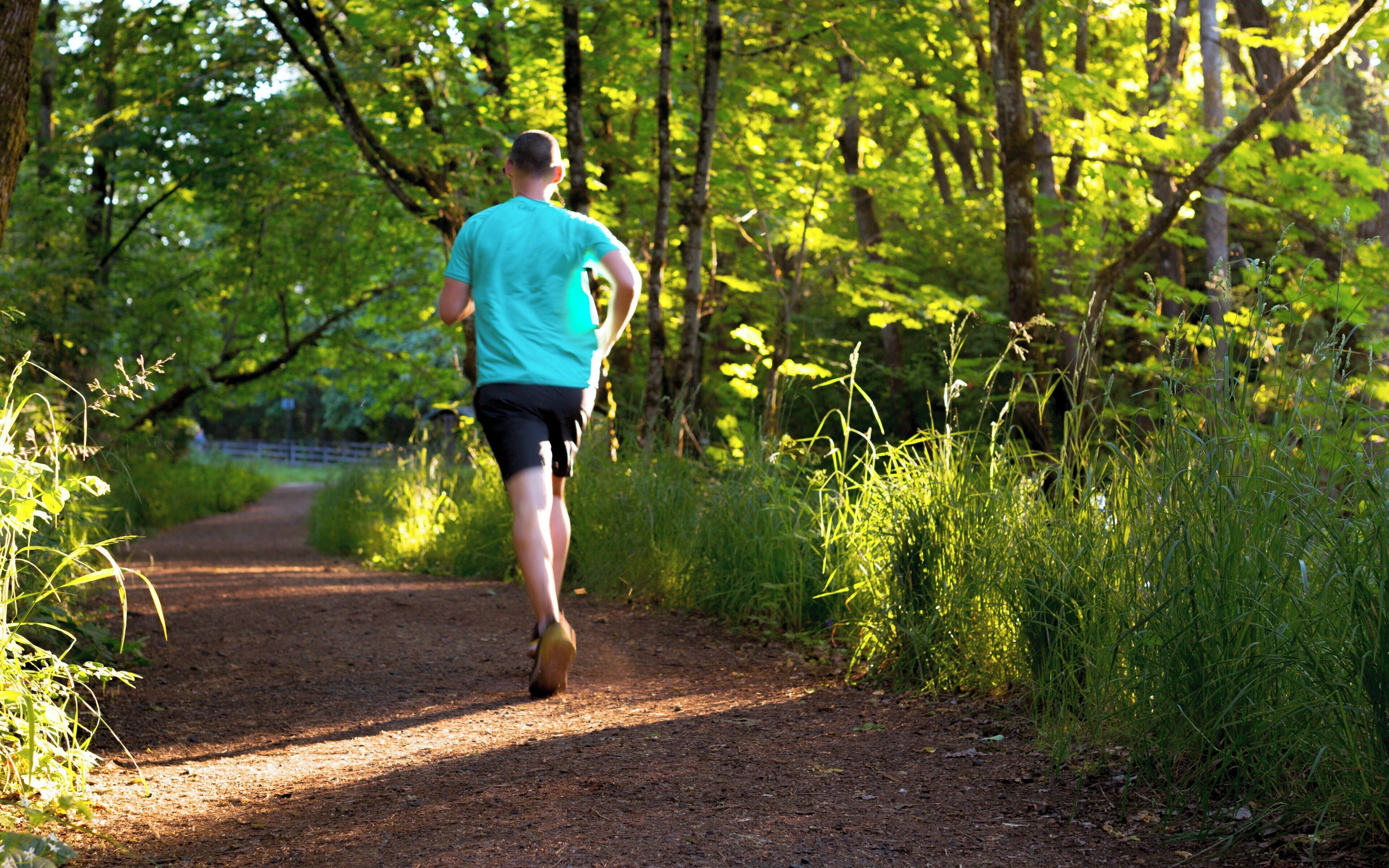 A person running on a dirt path surrounded by greenery.