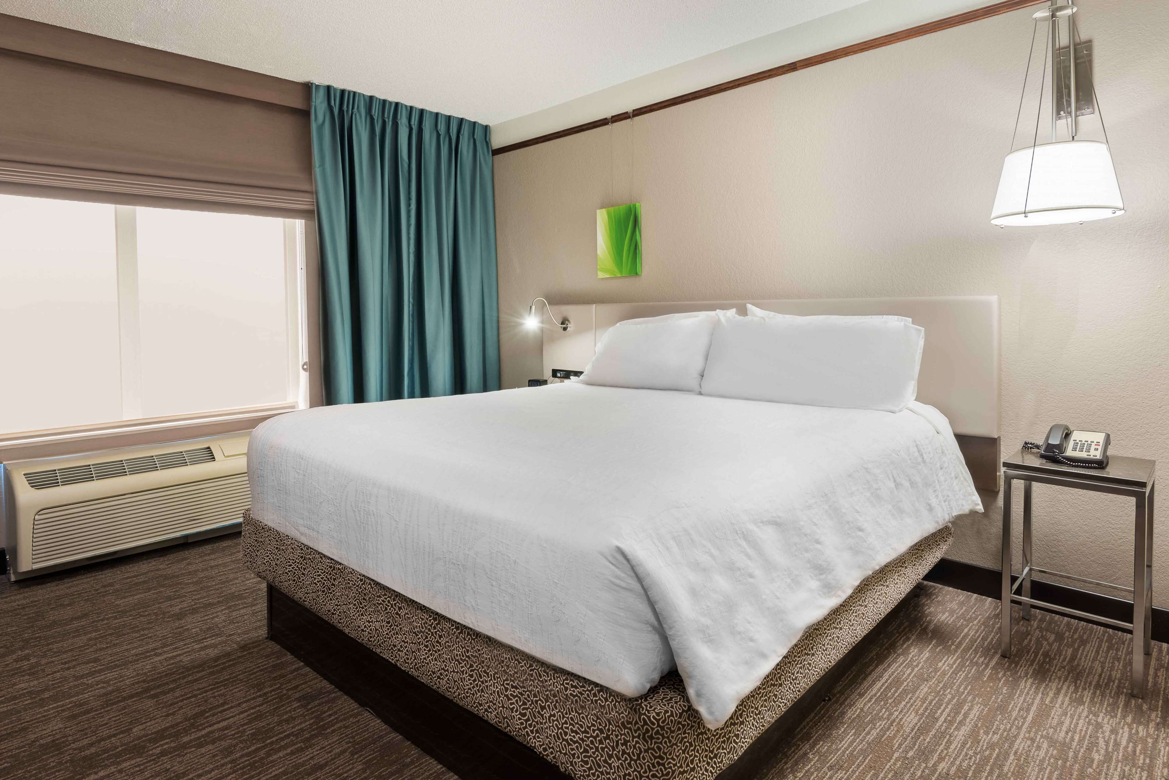 A hotel room with a large bed, a bedside table with a phone, a heater, a window with curtains, and a green wall decoration.