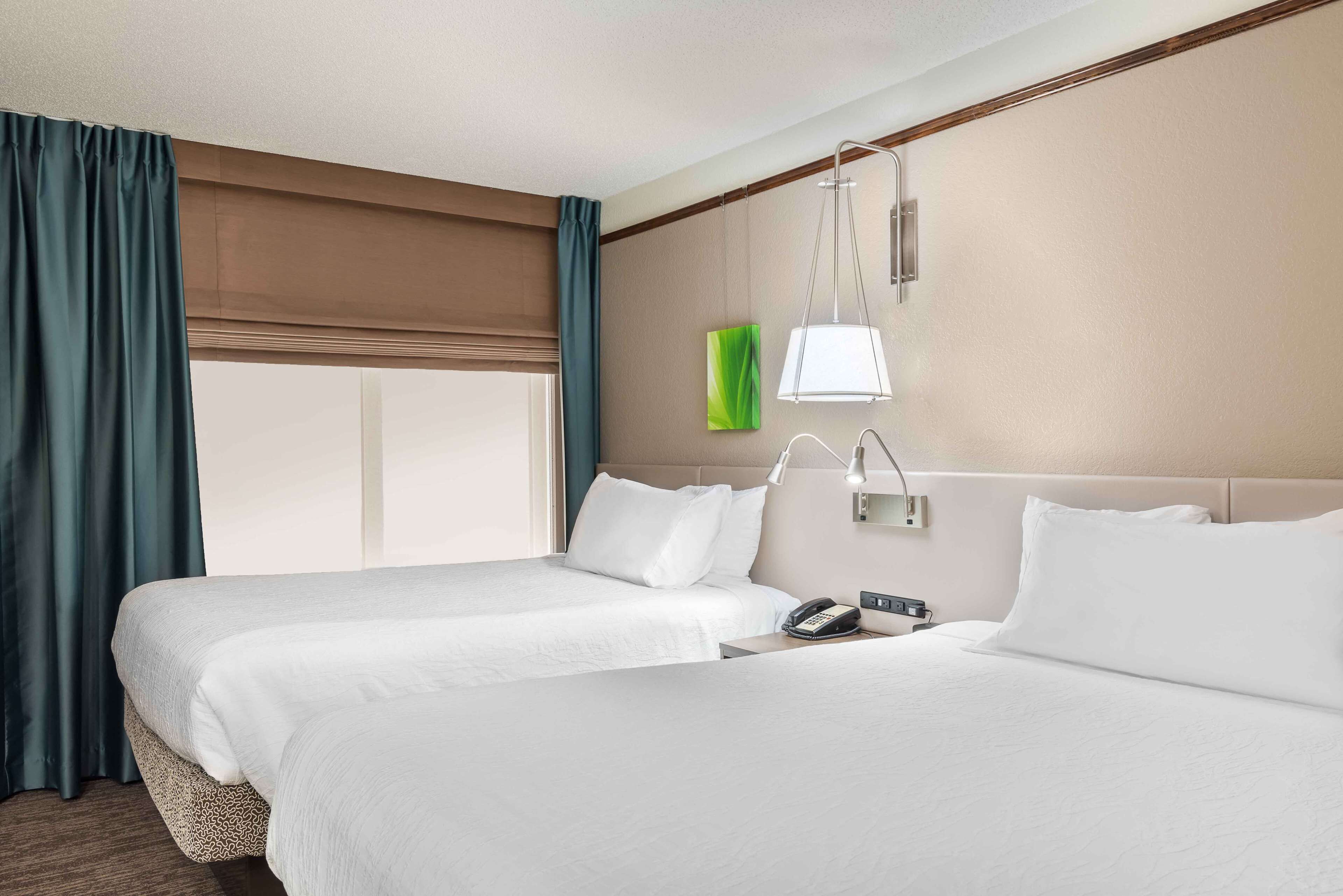A hotel room with two beds, a bedside table with a phone, a lamp, and a green artwork on the wall.