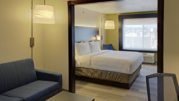 Una habitación de hotel con cama, sofá, escritorio y una silla.