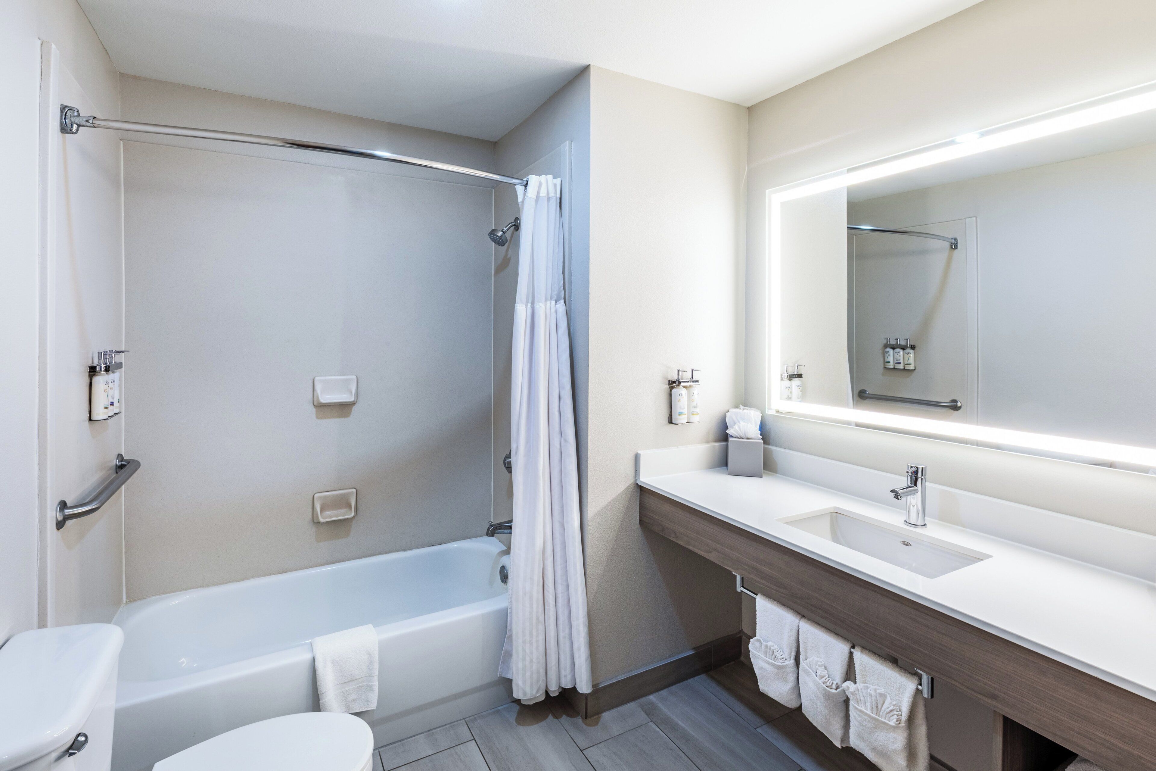A modern bathroom with a bathtub, toilet, and a large mirror above the sink.