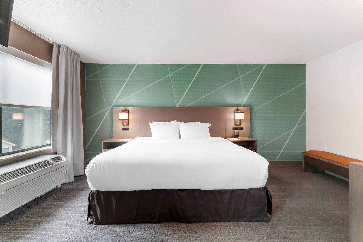 A hotel room with a large bed, bedside lamps, a bench, a window, and a wall with a geometric pattern.