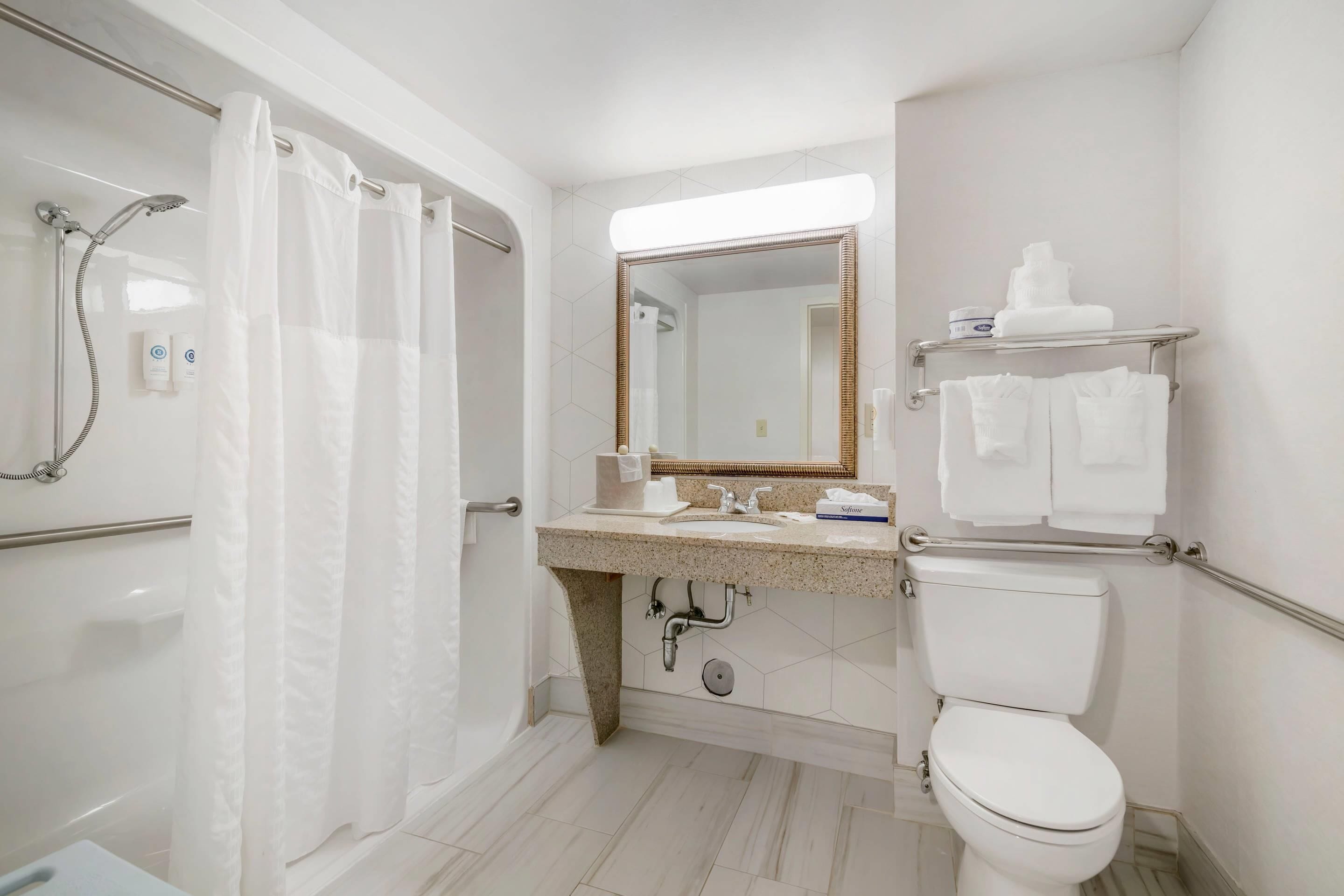 Baño con ducha, inodoro, lavamanos y espejo.