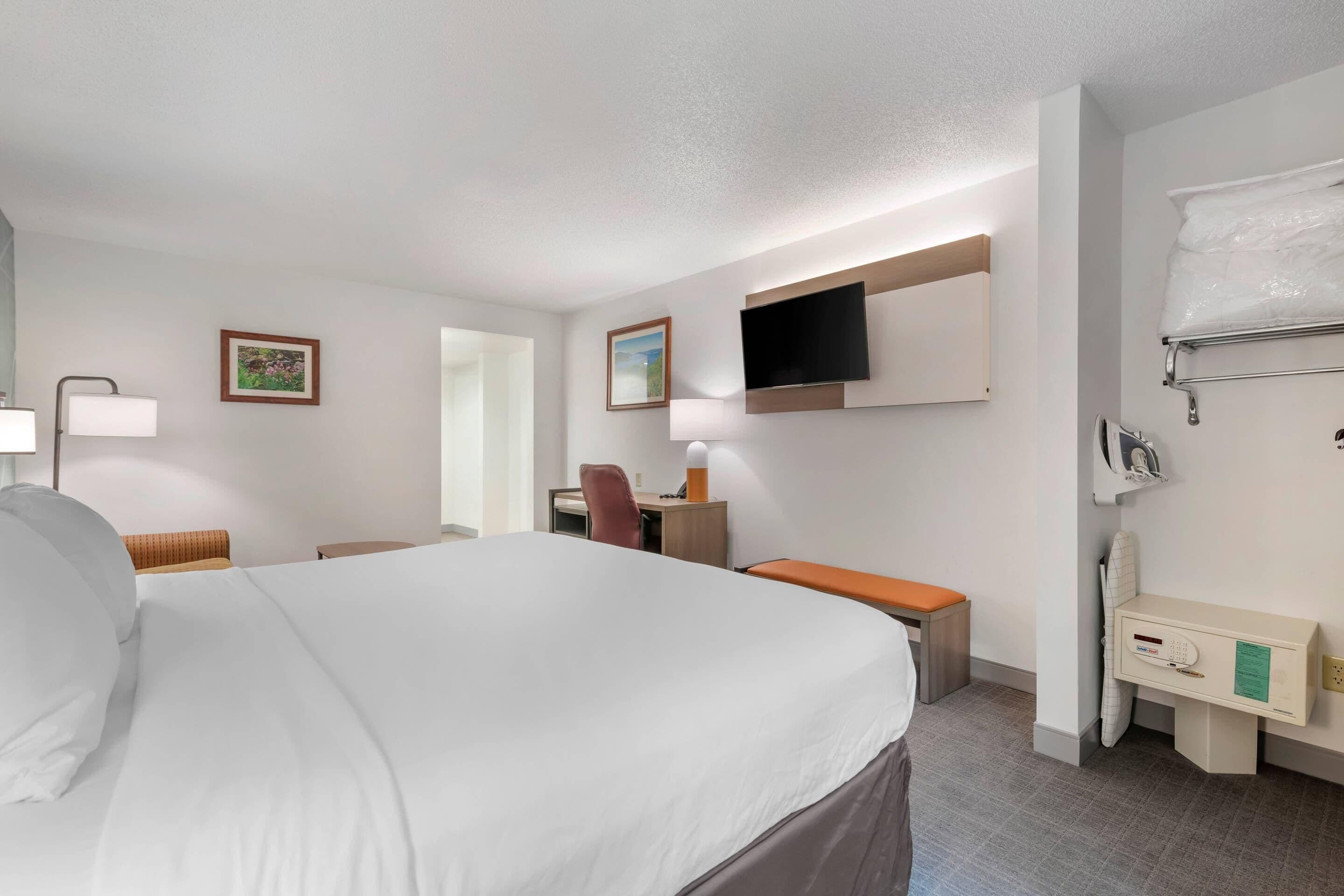 Habitación de hotel con cama, escritorio, silla, televisión y una mesita de noche con perchero.