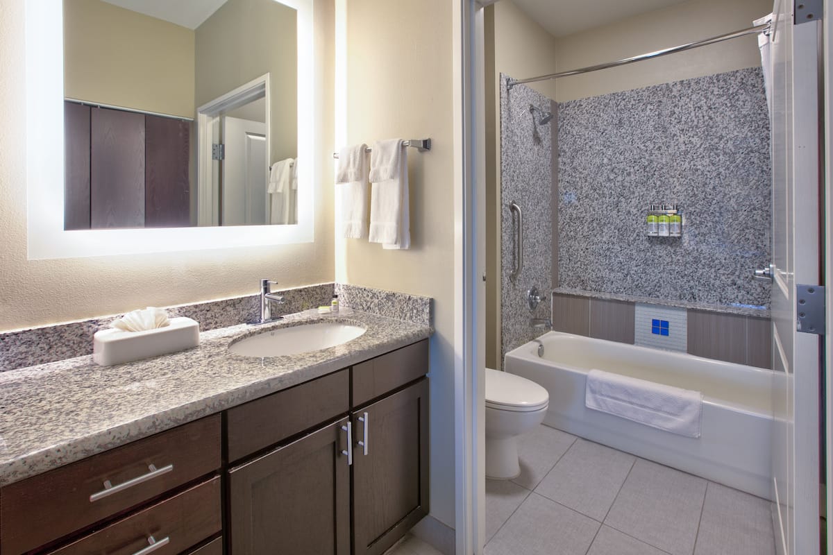 combined shower/bathtub, free toiletries, hair dryer, towels