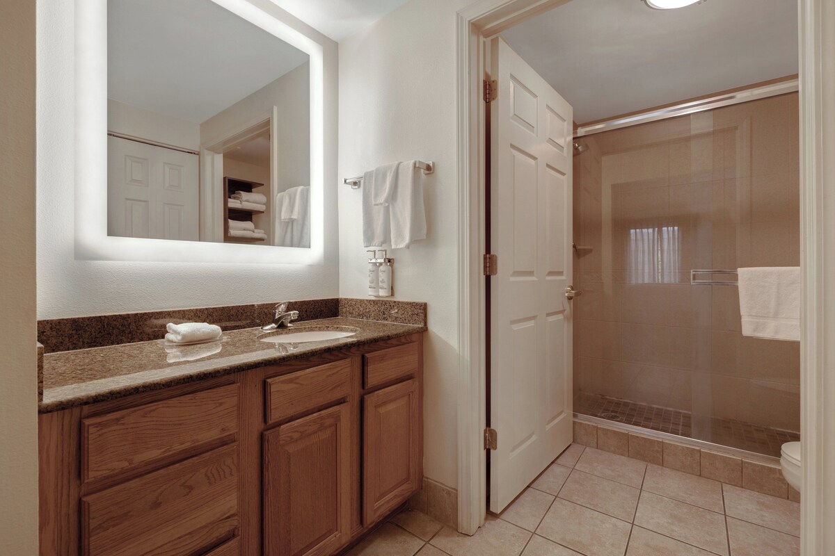 Un bagno con un mobile lavabo in legno, uno specchio grande, un box doccia e una porta che dà su un armadio.