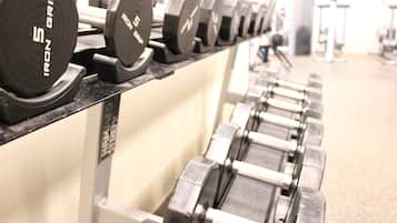 Una hilera de discos de pesas en un soporte dentro de un gimnasio.