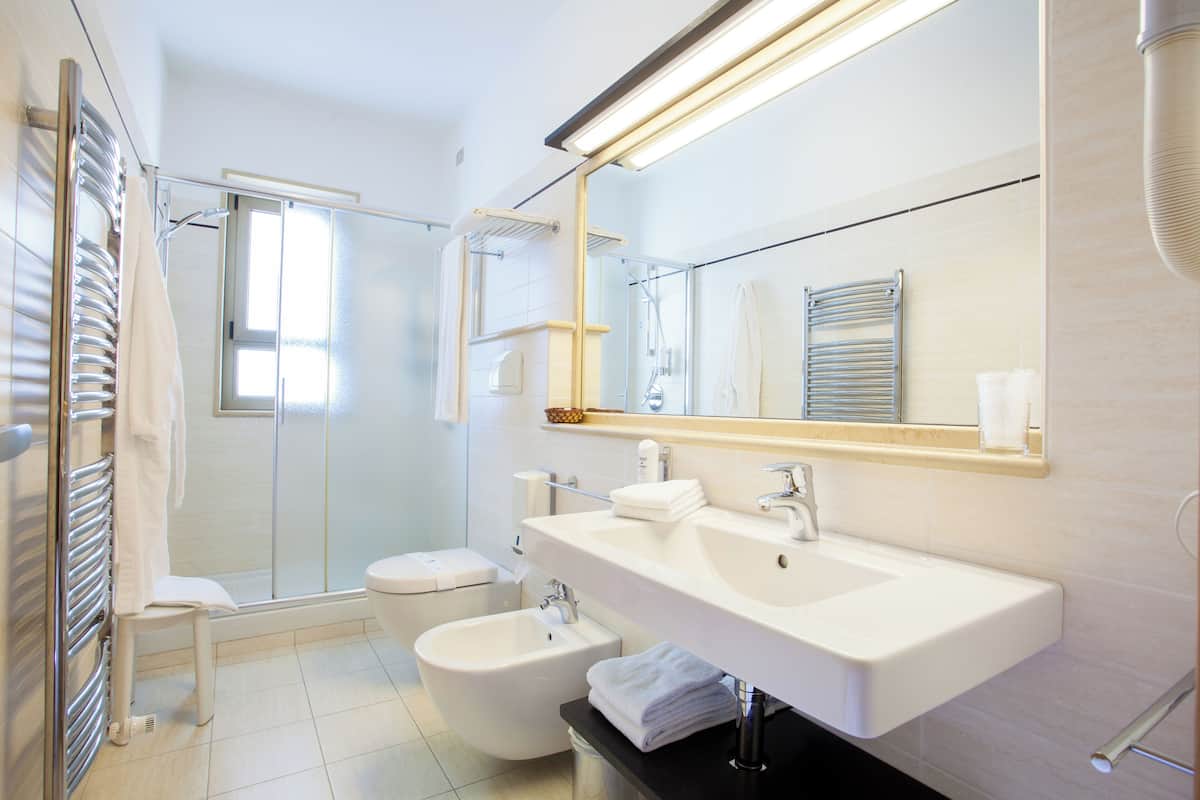 standard double room | bathroom | shower, free toiletries, hair dryer, bidet