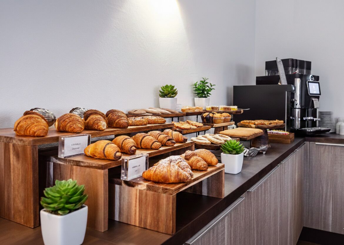 A bakery counter with various pastries and a coffee machine.