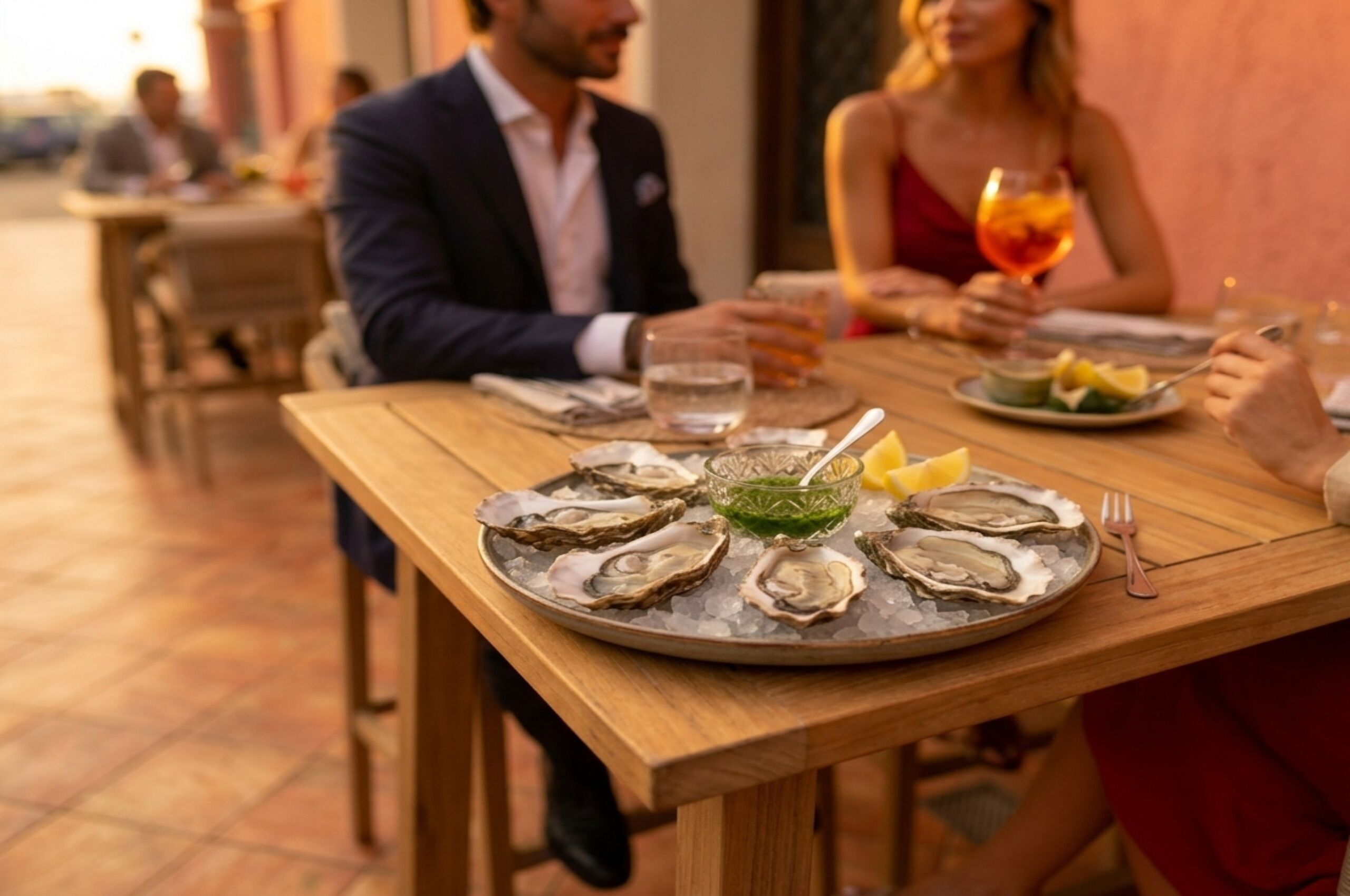 Uma mesa de jantar com um prato de ostras, um copo de bebida e uma tigela com guarnição verde.